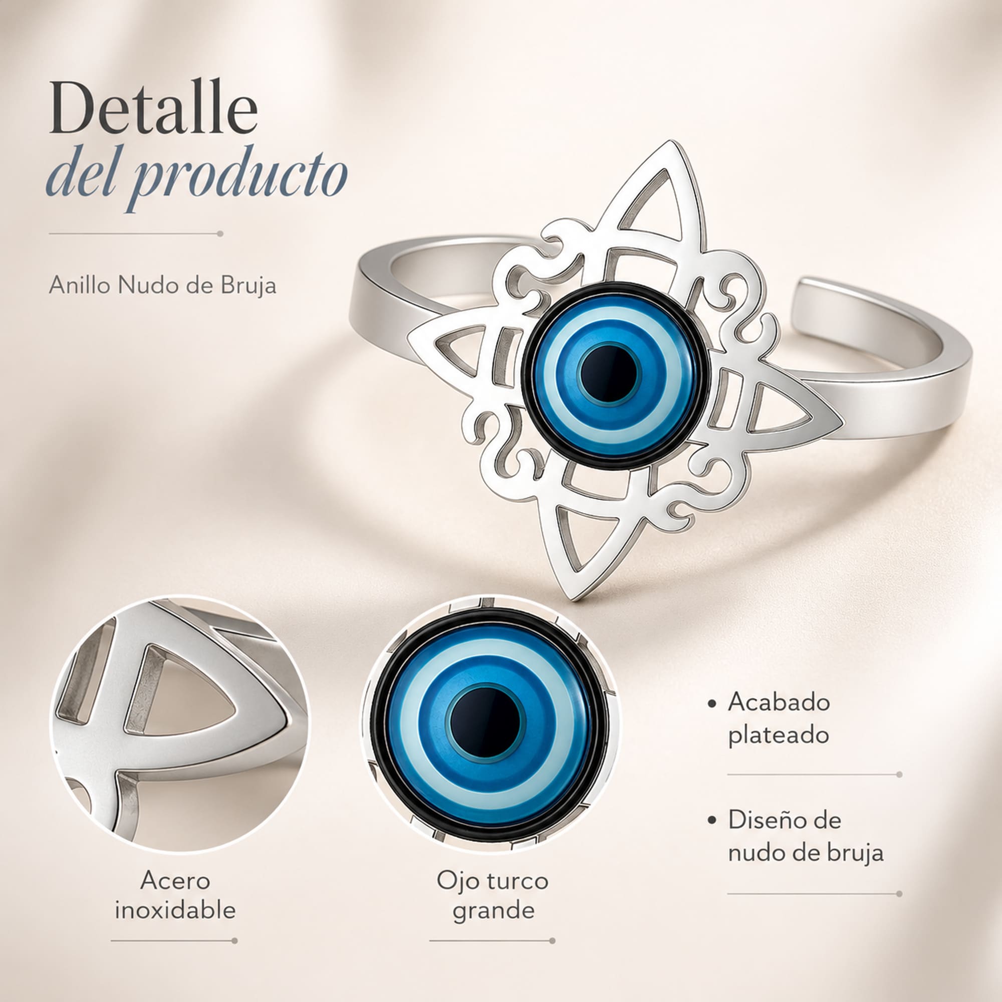 ANILLO NUDO DE BRUJA ACERO PLATEADO CON OJO DE TURCO