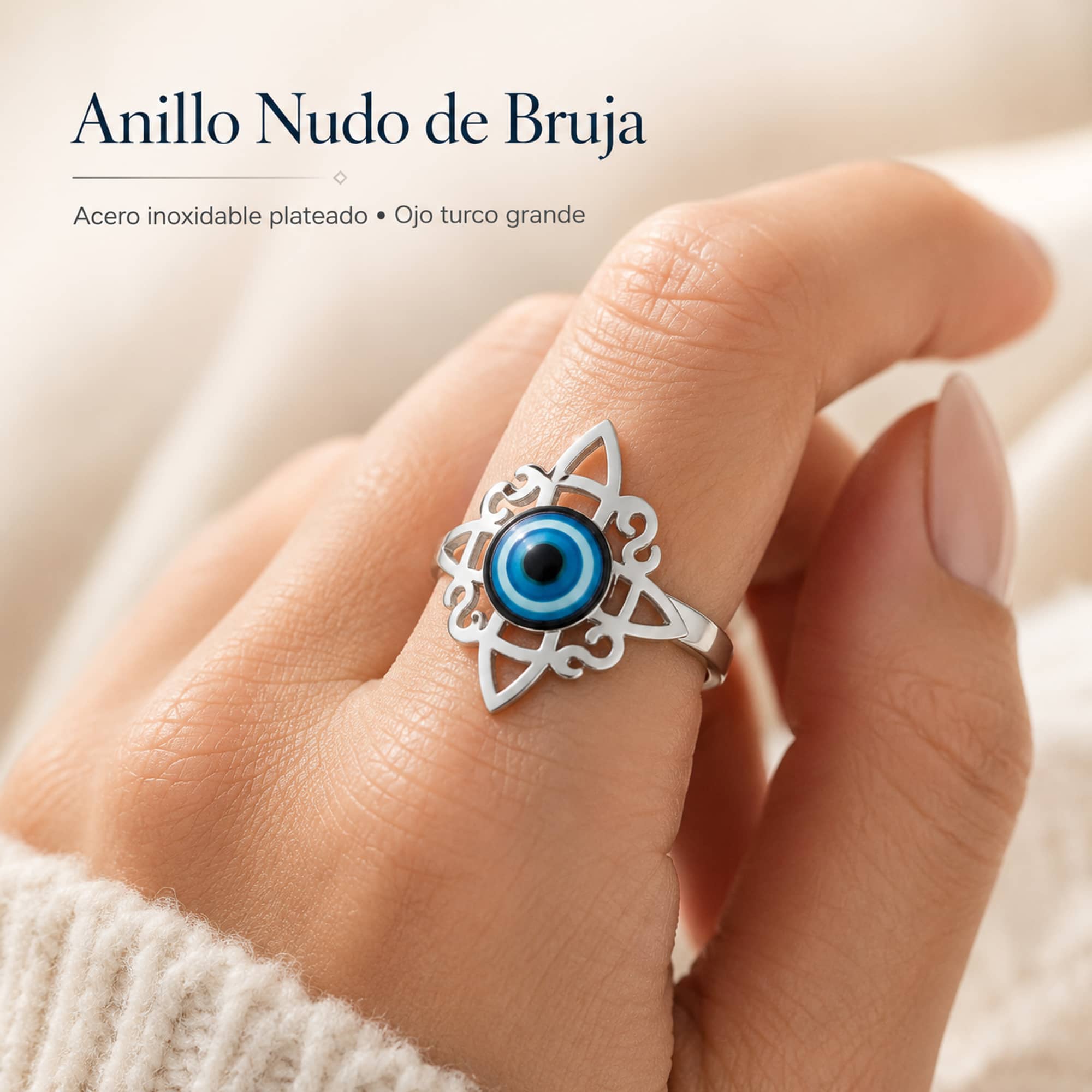 ANILLO NUDO DE BRUJA ACERO PLATEADO CON OJO DE TURCO