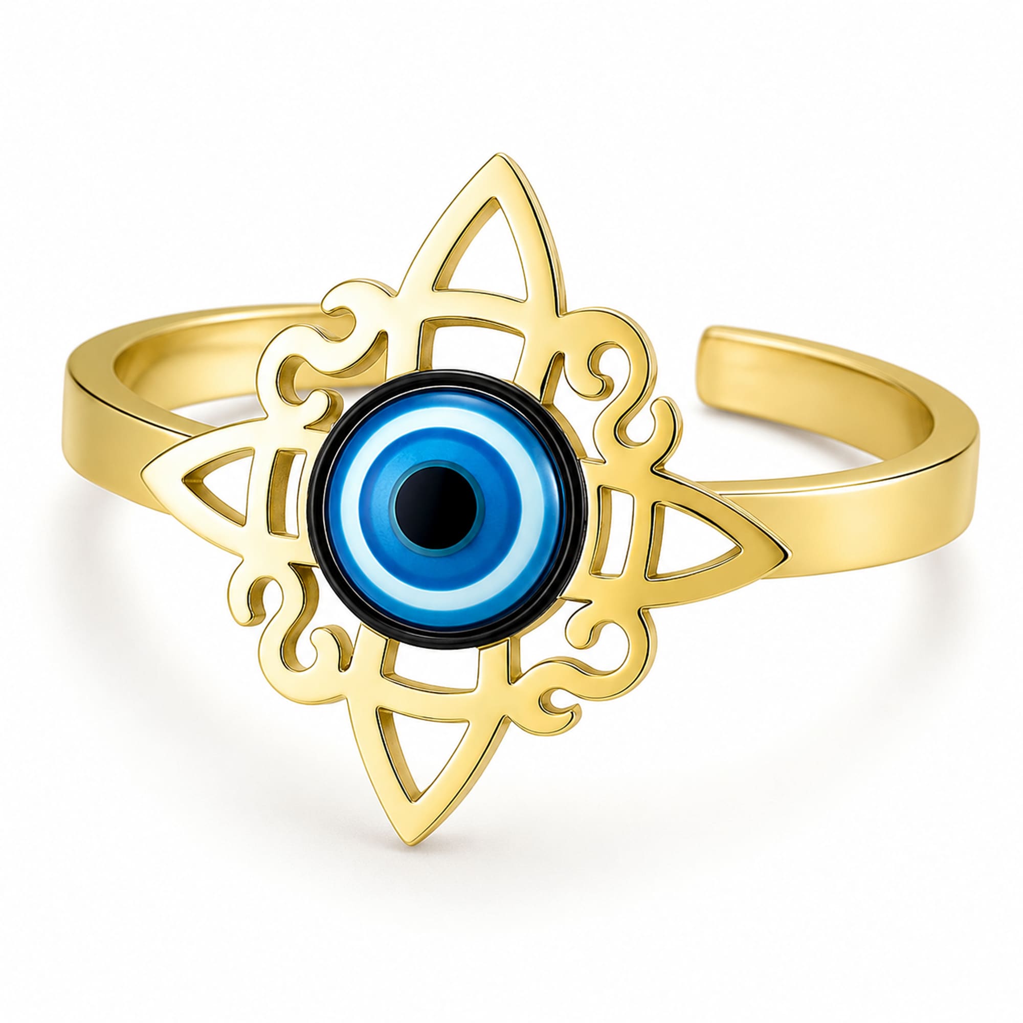 ANILLO NUDO DE BRUJA ACERO DORADO CON OJO DE TURCO