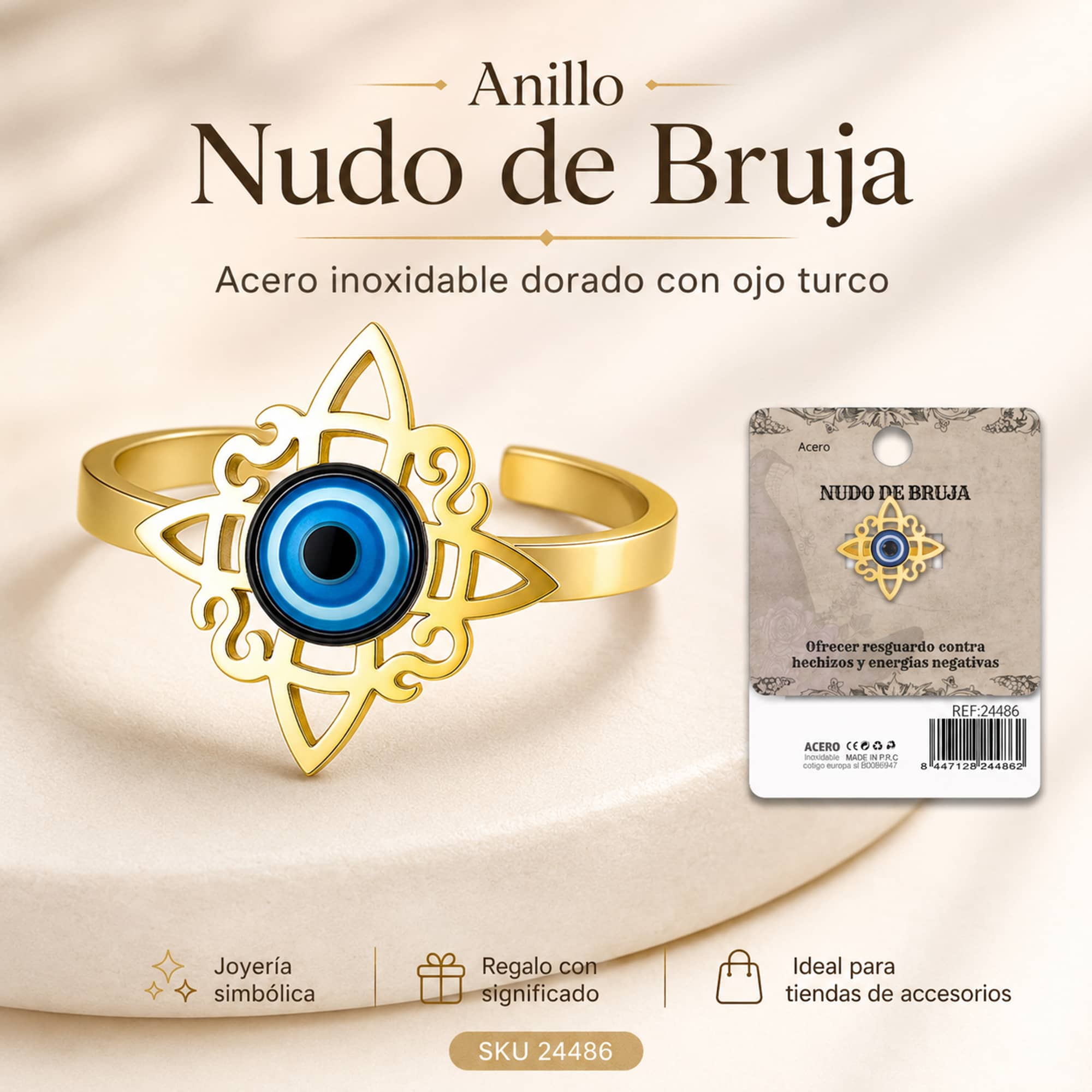 ANILLO NUDO DE BRUJA ACERO DORADO CON OJO DE TURCO