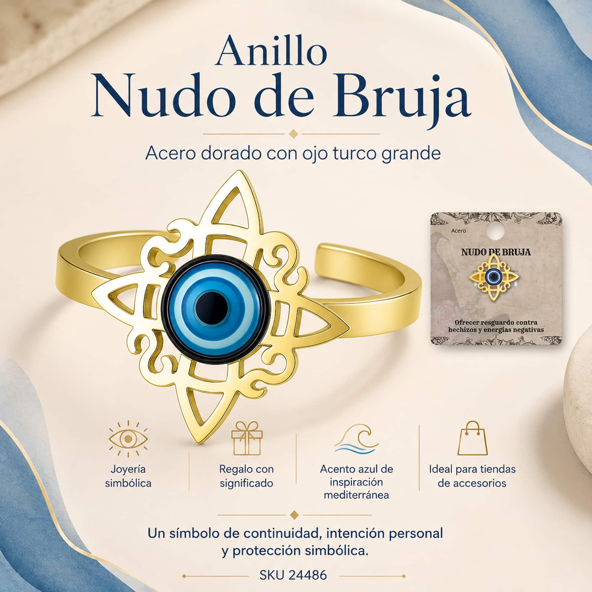 ANILLO NUDO DE BRUJA ACERO DORADO CON OJO DE TURCO