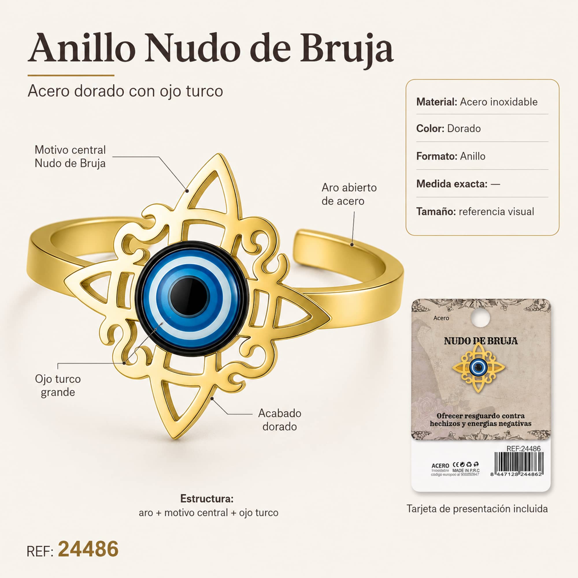 ANILLO NUDO DE BRUJA ACERO DORADO CON OJO DE TURCO
