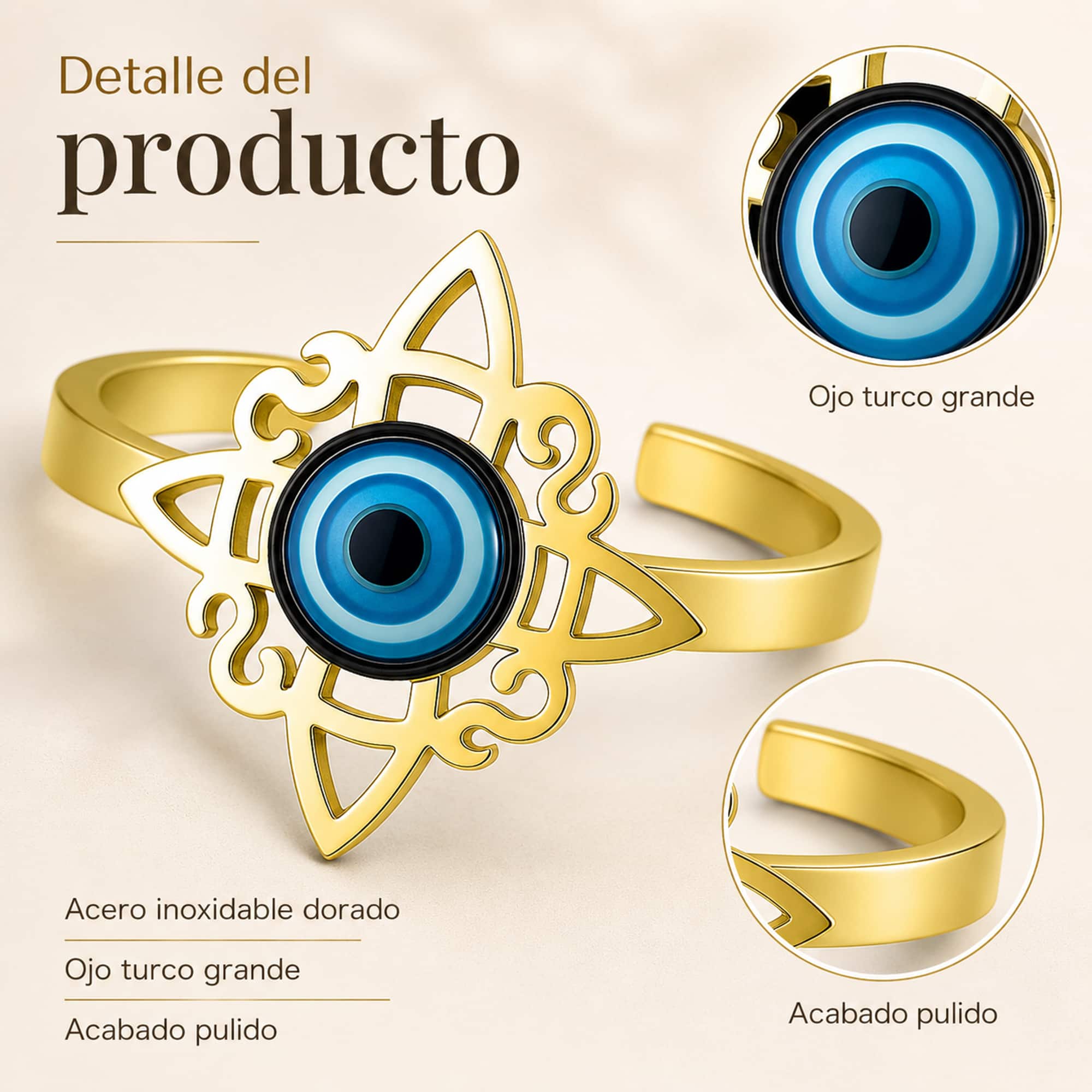 ANILLO NUDO DE BRUJA ACERO DORADO CON OJO DE TURCO