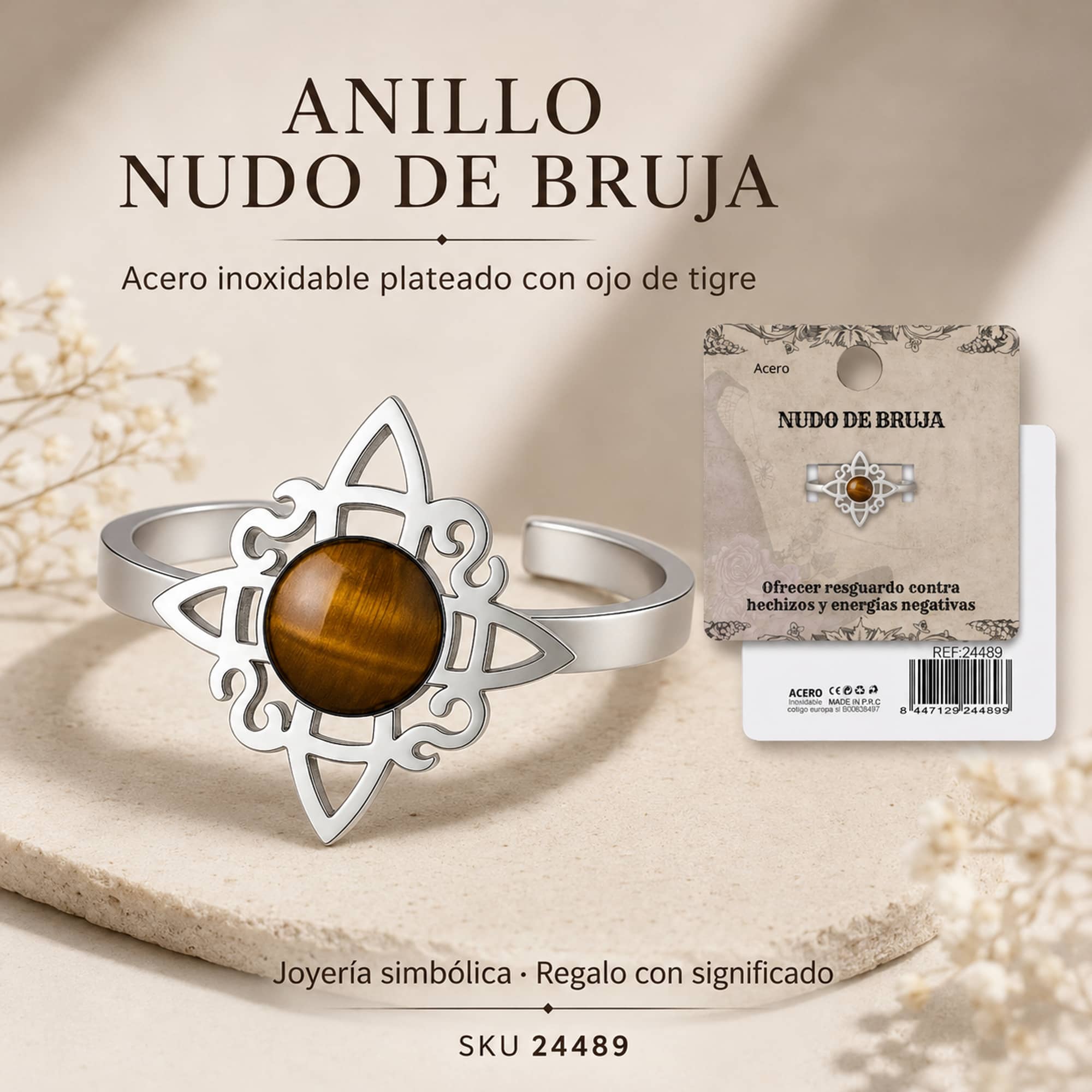 ANILLO NUDO DE BRUJA ACERO PLATEADO CON OJO DE TIGRE