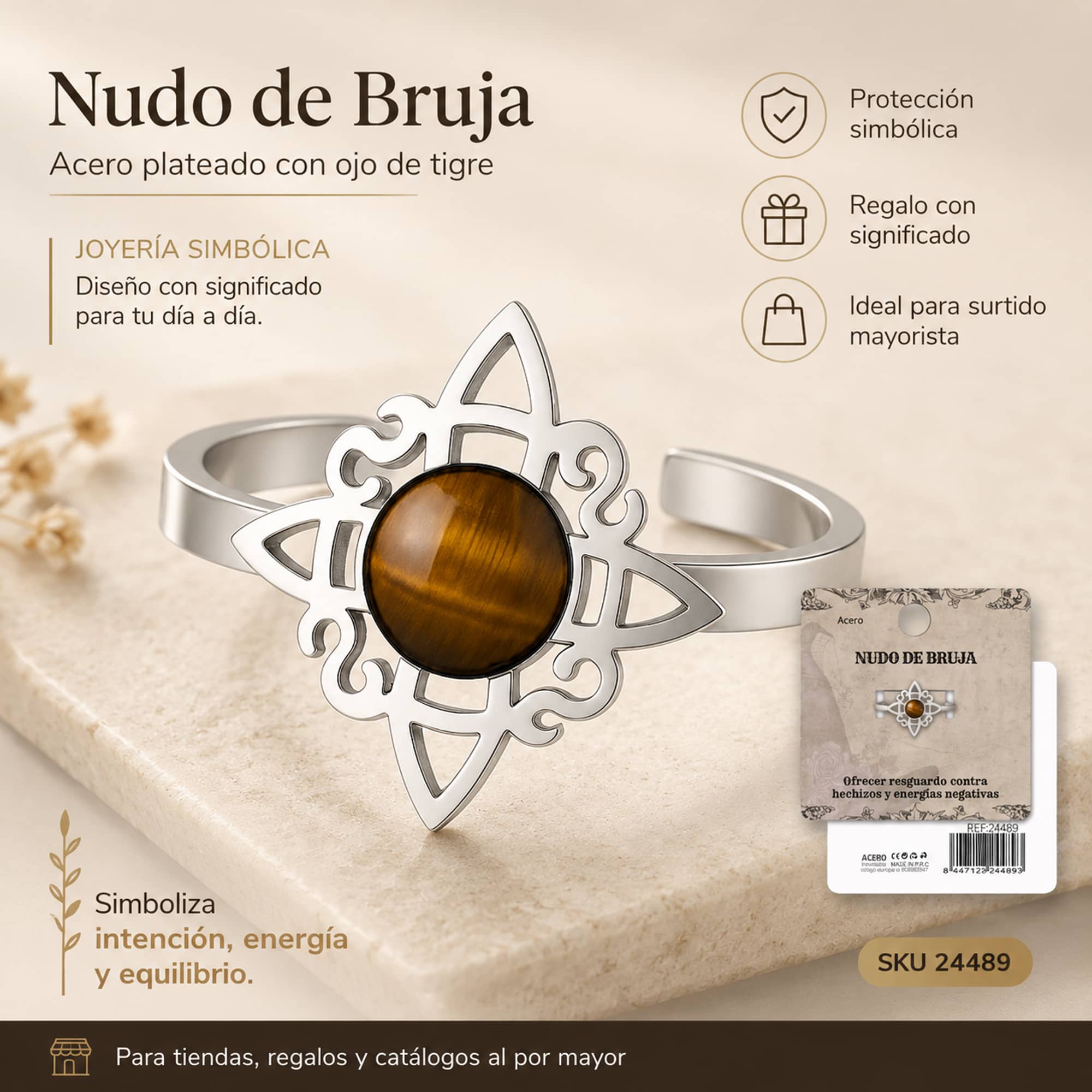 ANILLO NUDO DE BRUJA ACERO PLATEADO CON OJO DE TIGRE