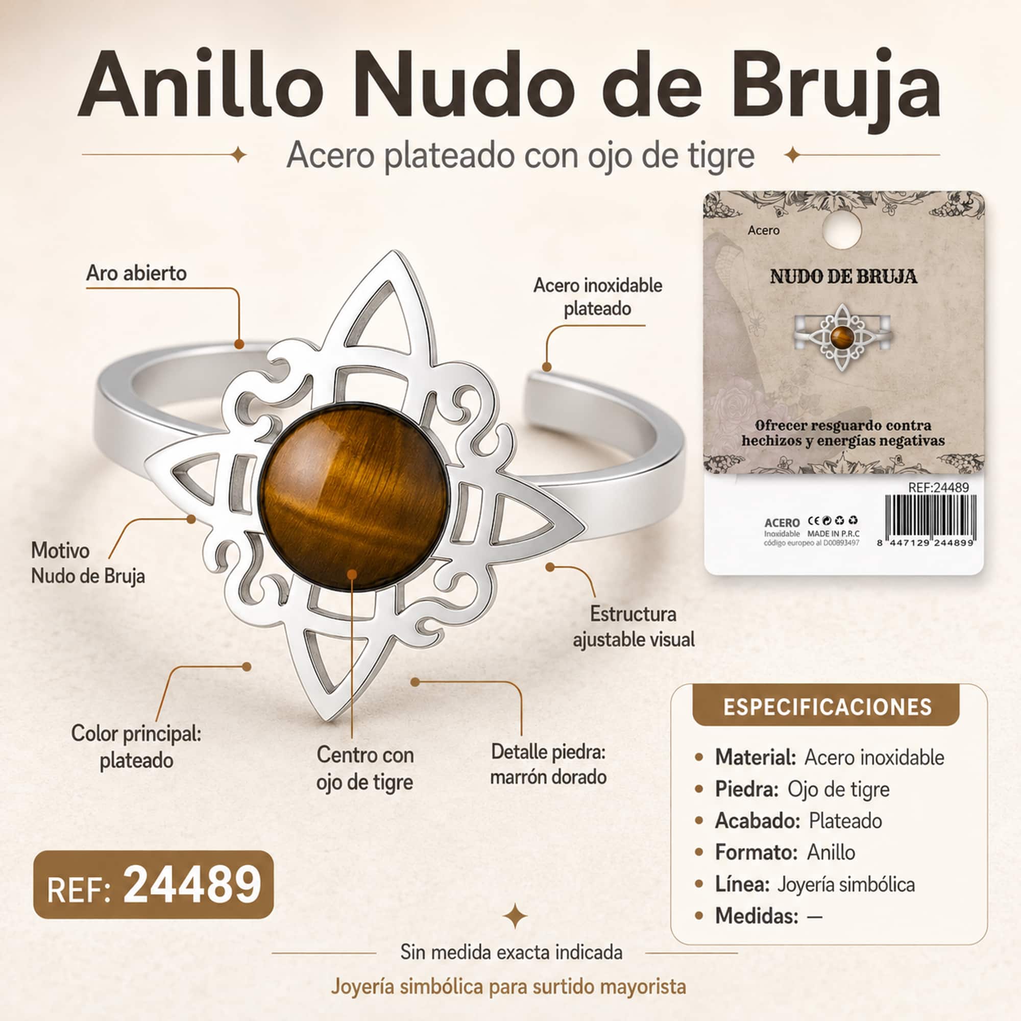 ANILLO NUDO DE BRUJA ACERO PLATEADO CON OJO DE TIGRE