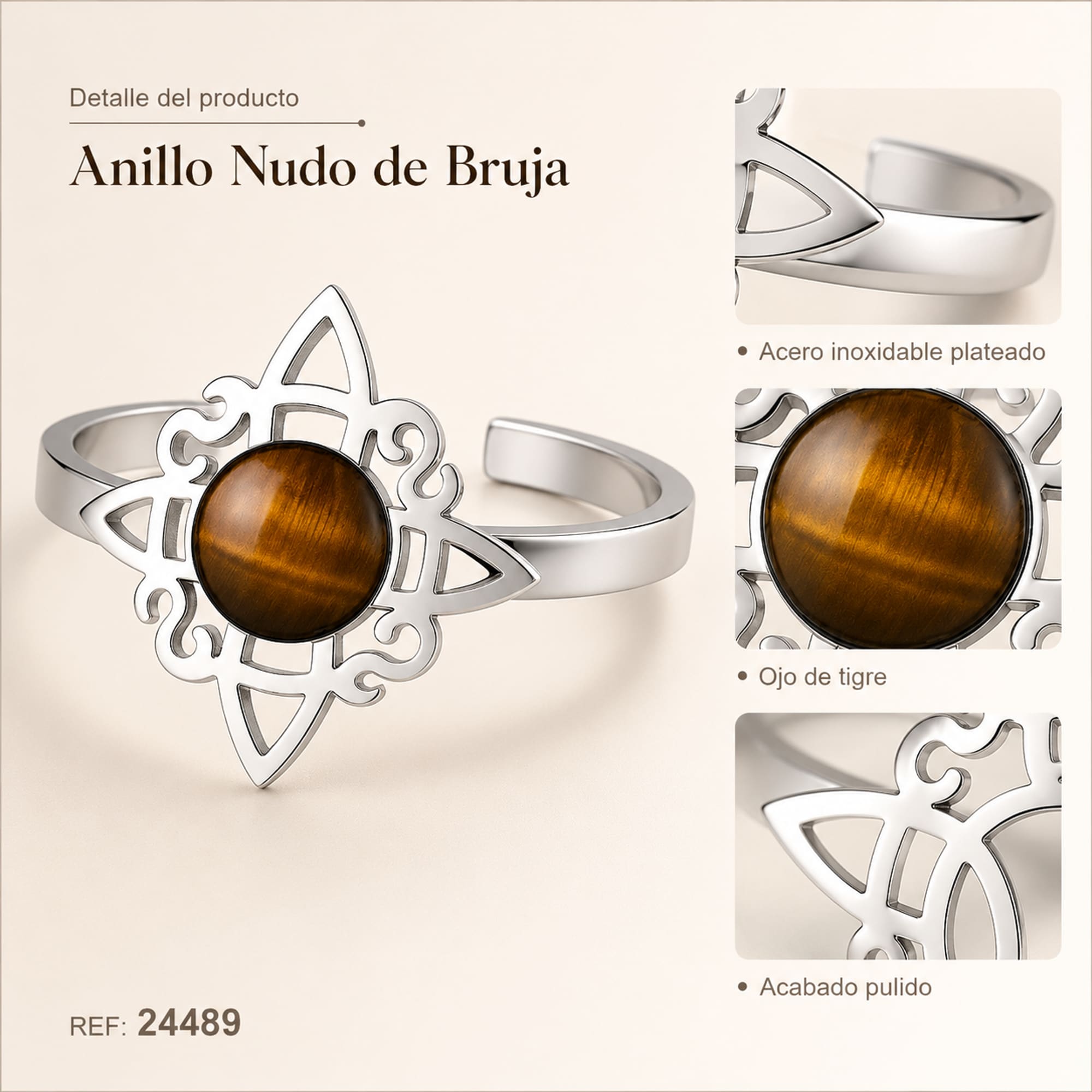 ANILLO NUDO DE BRUJA ACERO PLATEADO CON OJO DE TIGRE