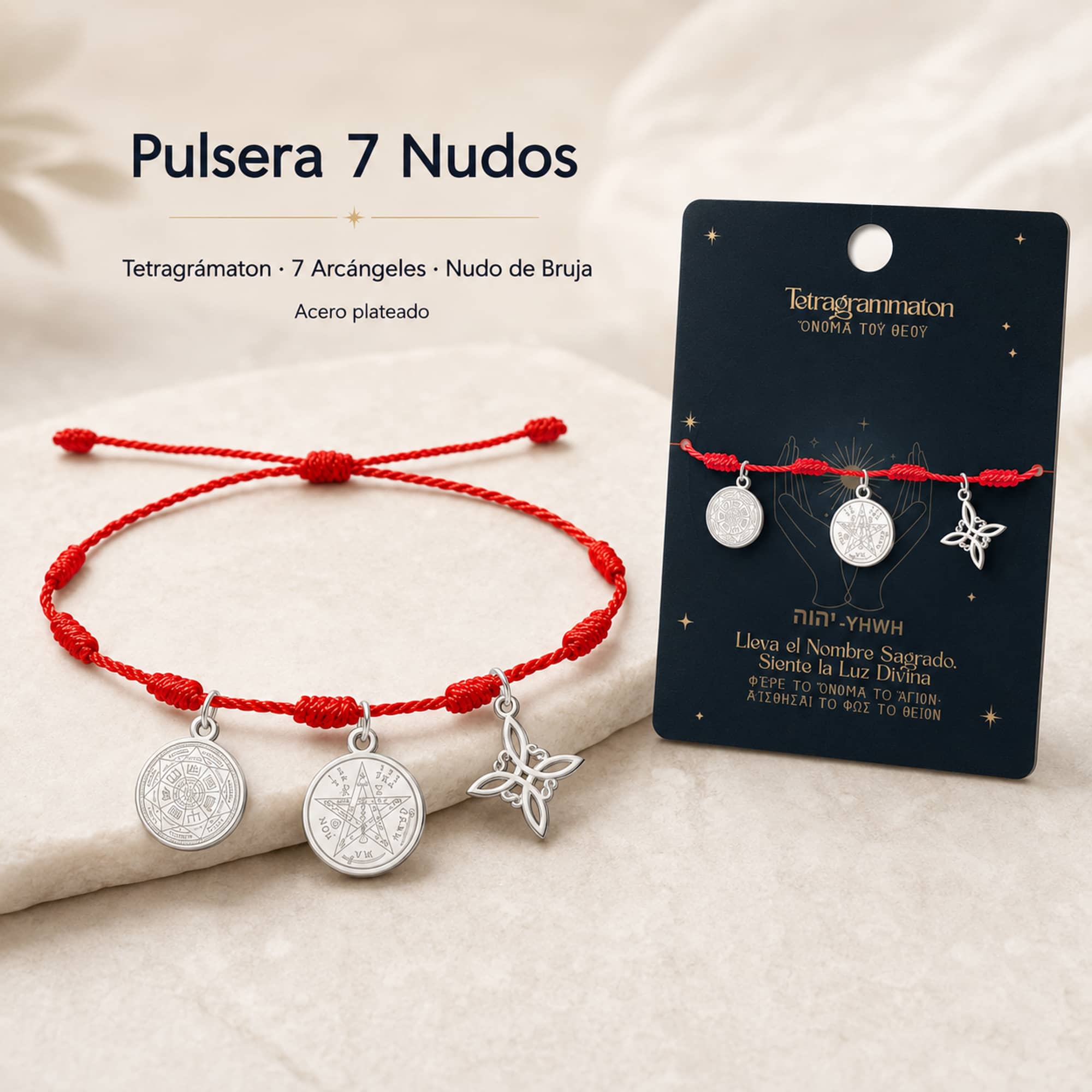 PULSERA 7 NUDOS CON TETRAGRAMMATON  NUDO DE BRUJA Y 7 ARCÁNGELES ACERO PLATEADO