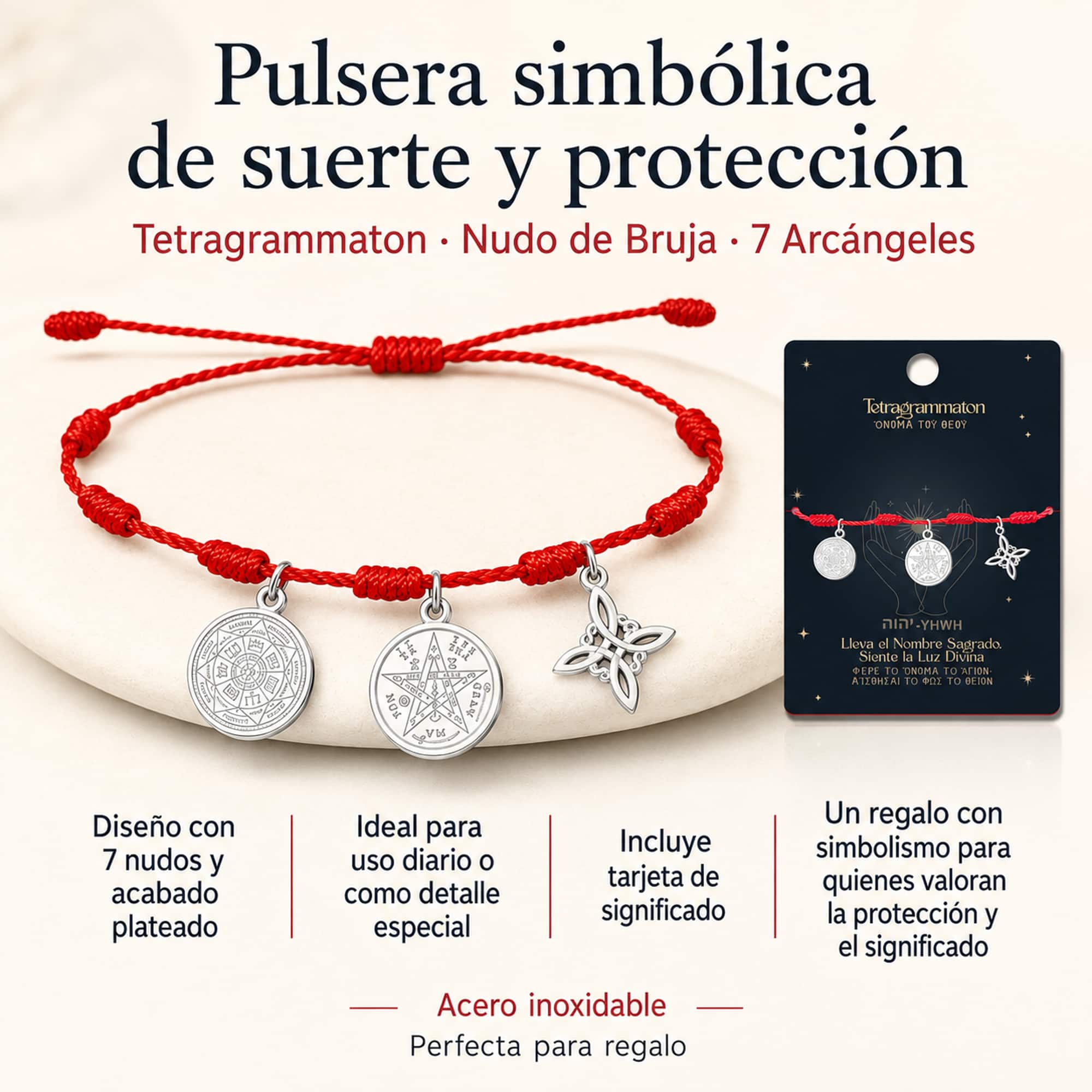 PULSERA 7 NUDOS CON TETRAGRAMMATON  NUDO DE BRUJA Y 7 ARCÁNGELES ACERO PLATEADO