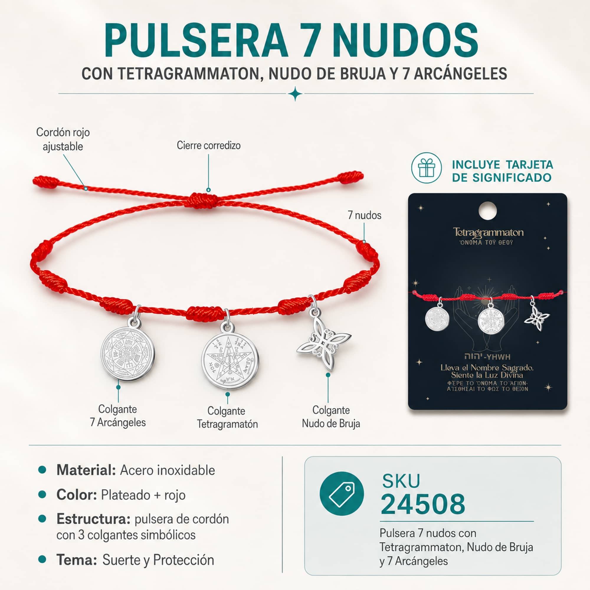 PULSERA 7 NUDOS CON TETRAGRAMMATON  NUDO DE BRUJA Y 7 ARCÁNGELES ACERO PLATEADO