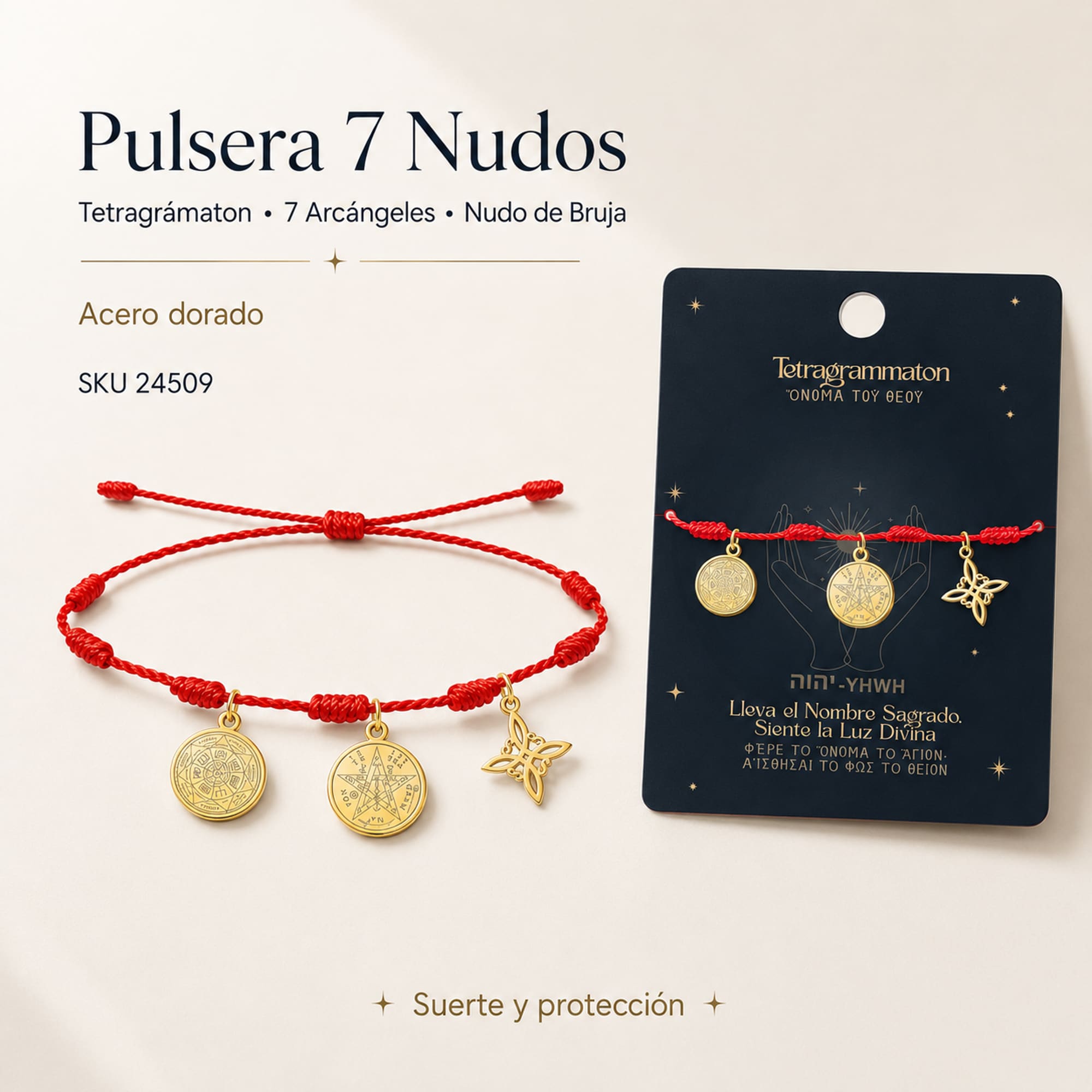 PULSERA 7 NUDOS CON TETRAGRAMMATON  NUDO DE BRUJA Y 7 ARCÁNGELES ACERO DORADO