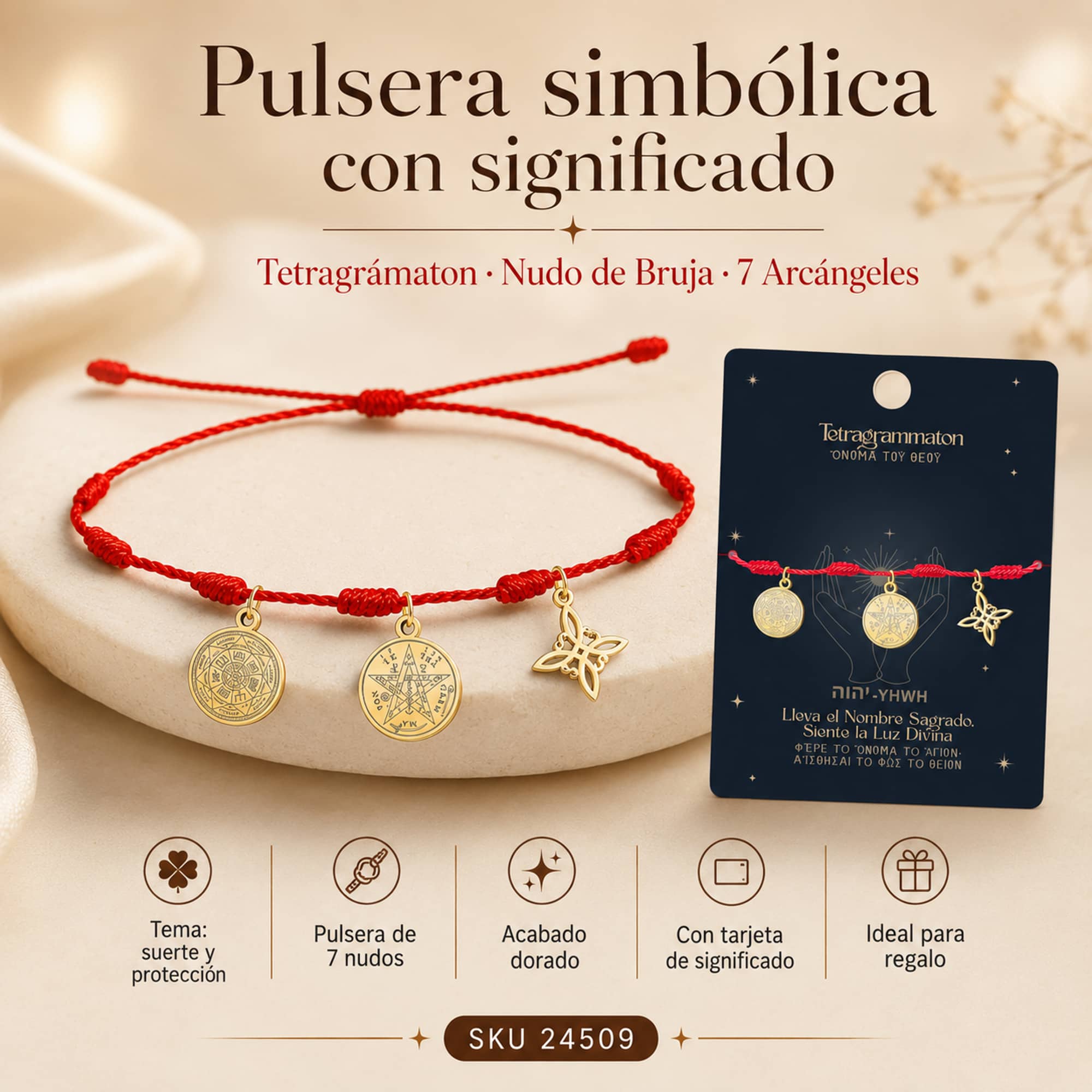 PULSERA 7 NUDOS CON TETRAGRAMMATON  NUDO DE BRUJA Y 7 ARCÁNGELES ACERO DORADO