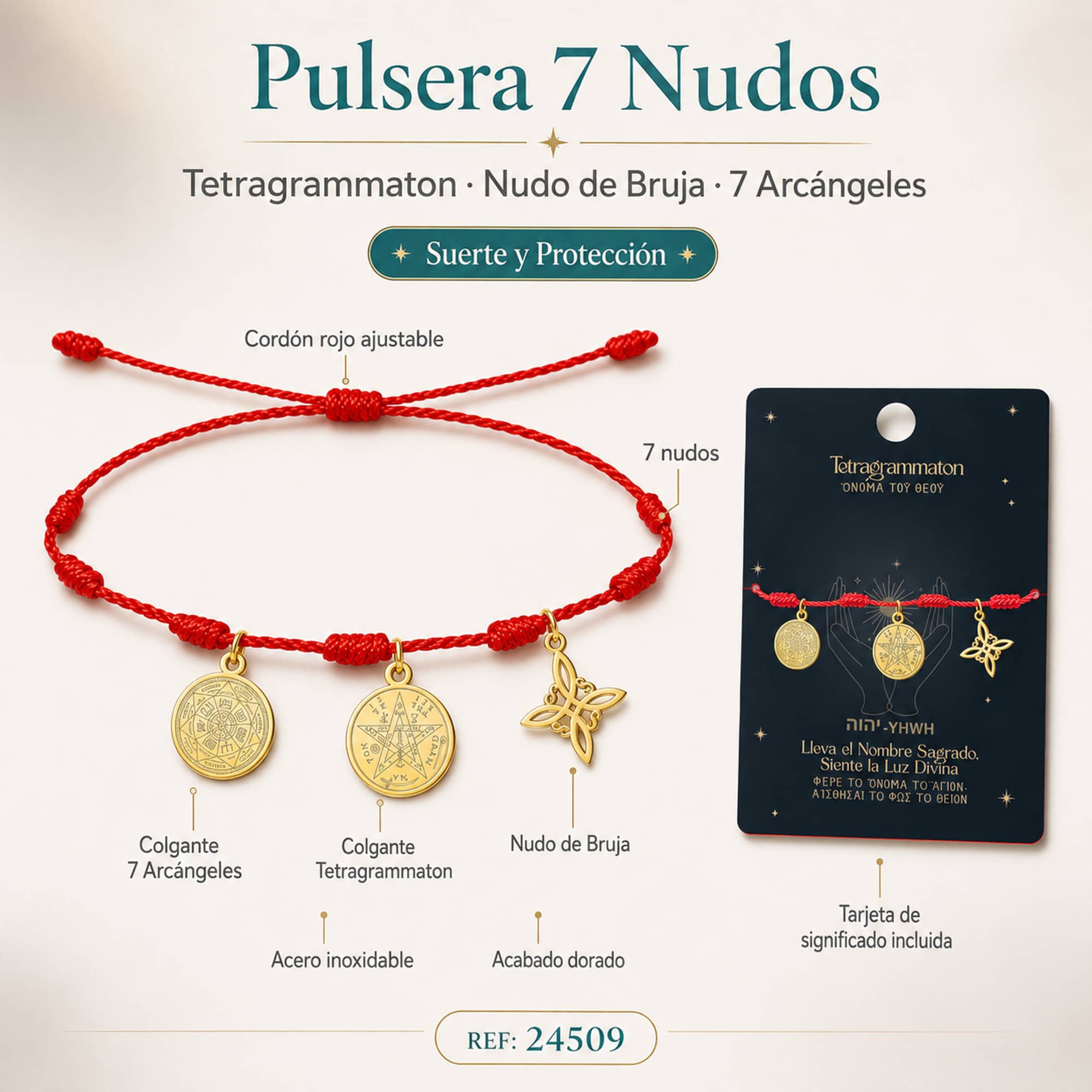 PULSERA 7 NUDOS CON TETRAGRAMMATON  NUDO DE BRUJA Y 7 ARCÁNGELES ACERO DORADO