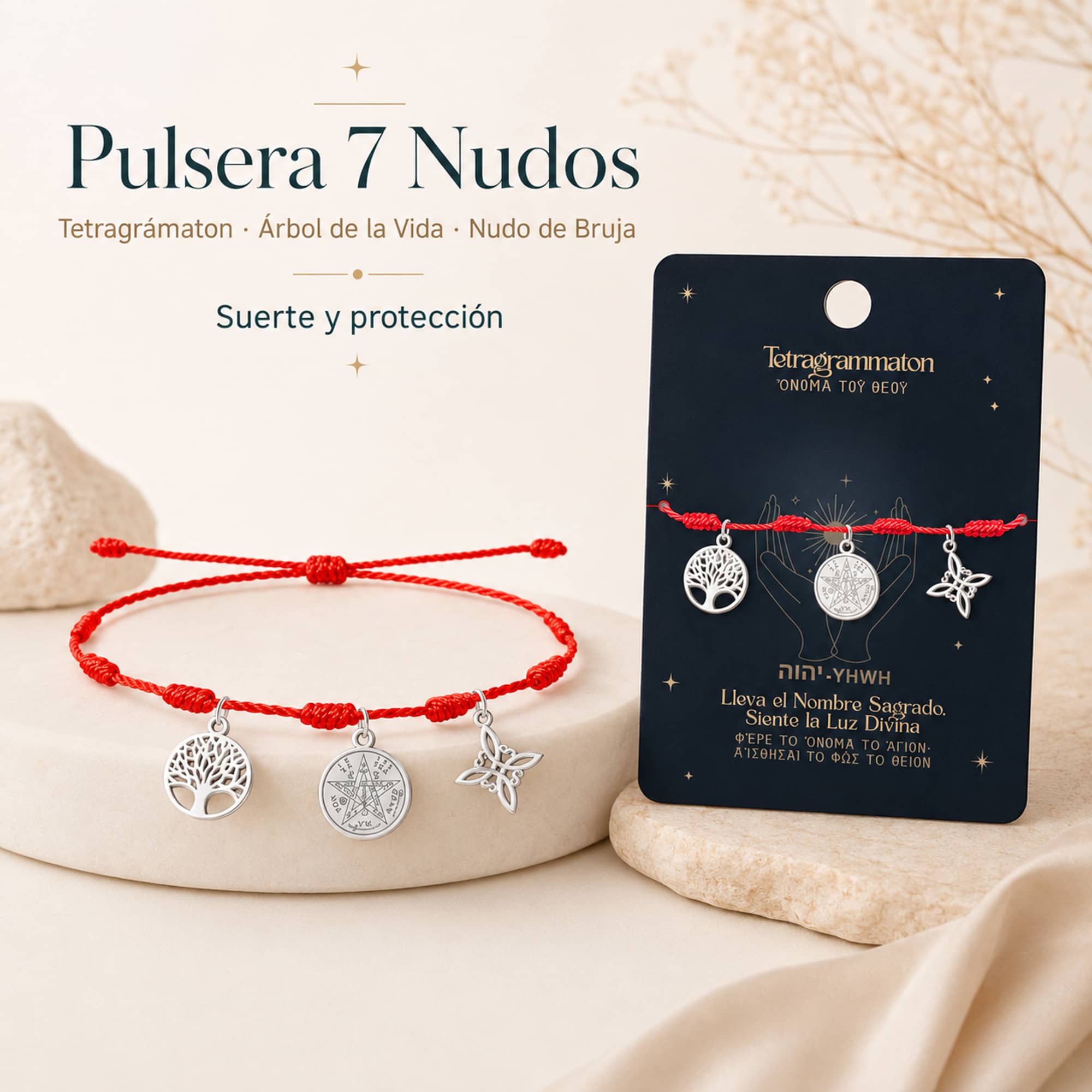 PULSERA 7 NUDOS CON TETRAGRAMMATON  NUDO DE BRUJA Y ARBOL DE LA VIDA ACERO PLATEADO