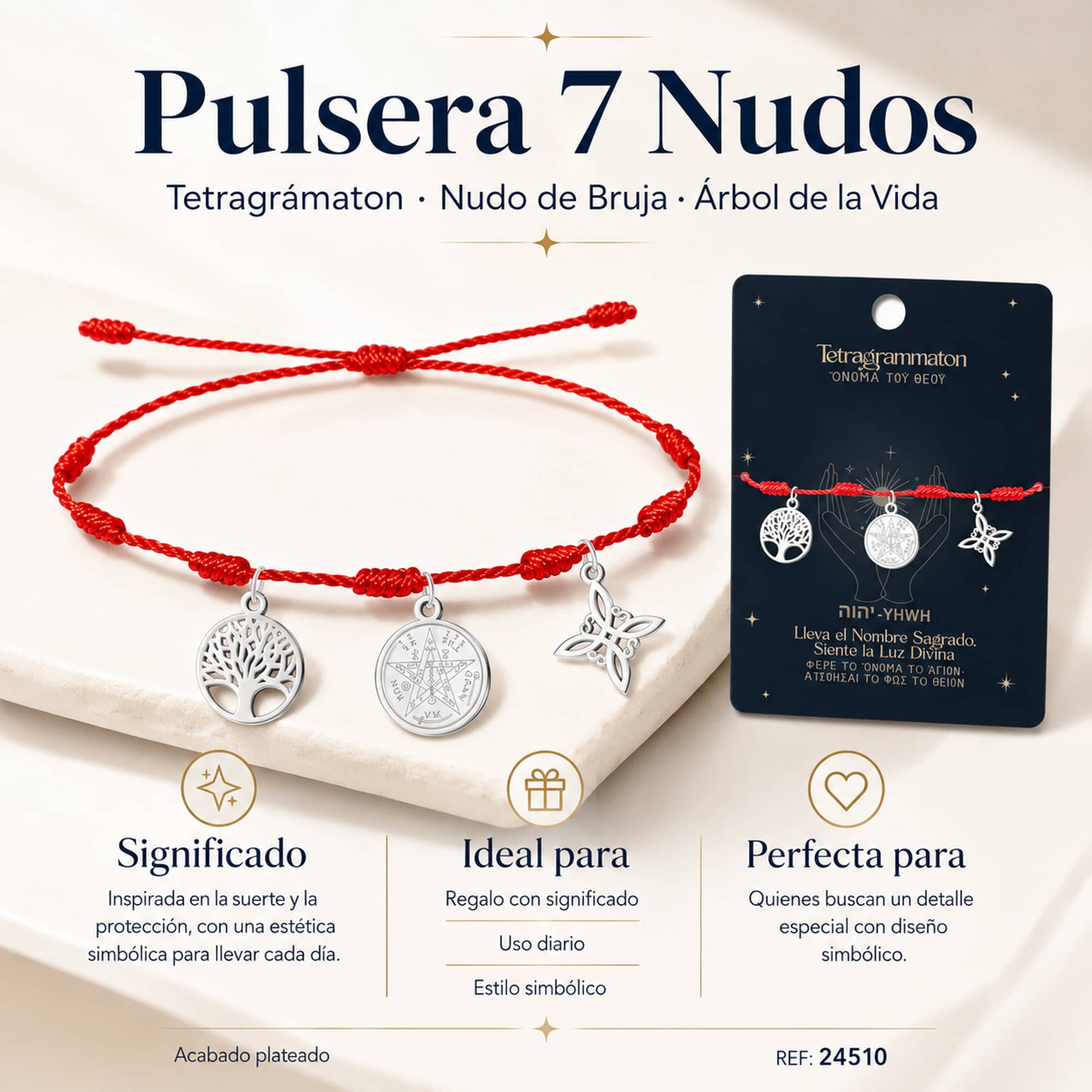PULSERA 7 NUDOS CON TETRAGRAMMATON  NUDO DE BRUJA Y ARBOL DE LA VIDA ACERO PLATEADO