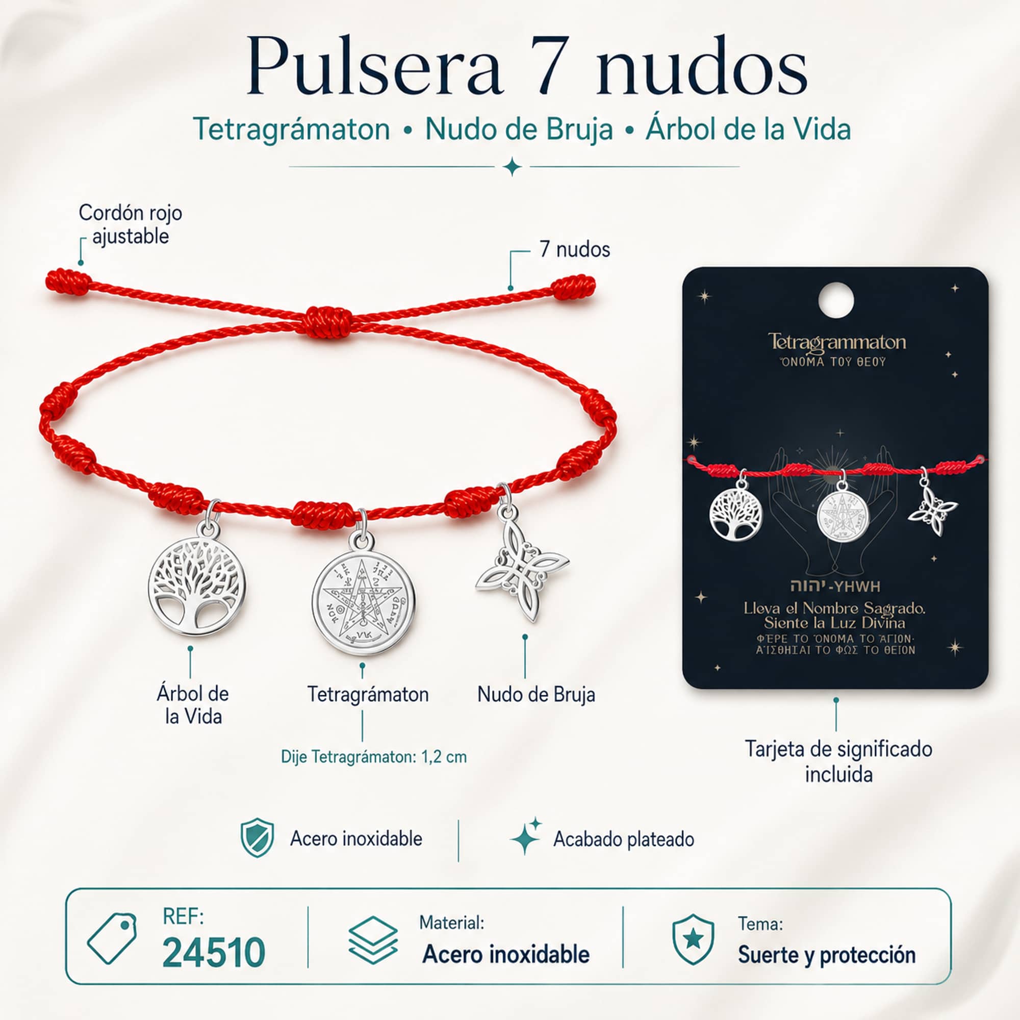PULSERA 7 NUDOS CON TETRAGRAMMATON  NUDO DE BRUJA Y ARBOL DE LA VIDA ACERO PLATEADO