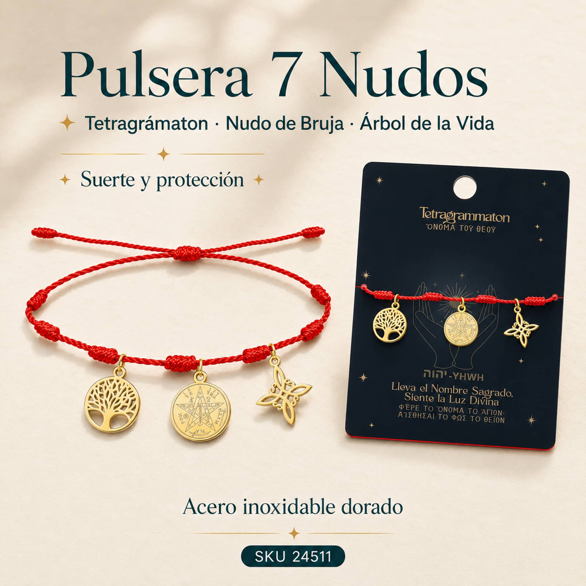 PULSERA 7 NUDOS CON TETRAGRAMMATON  NUDO DE BRUJA Y ARBOL DE LA VIDA ACERO DORADO