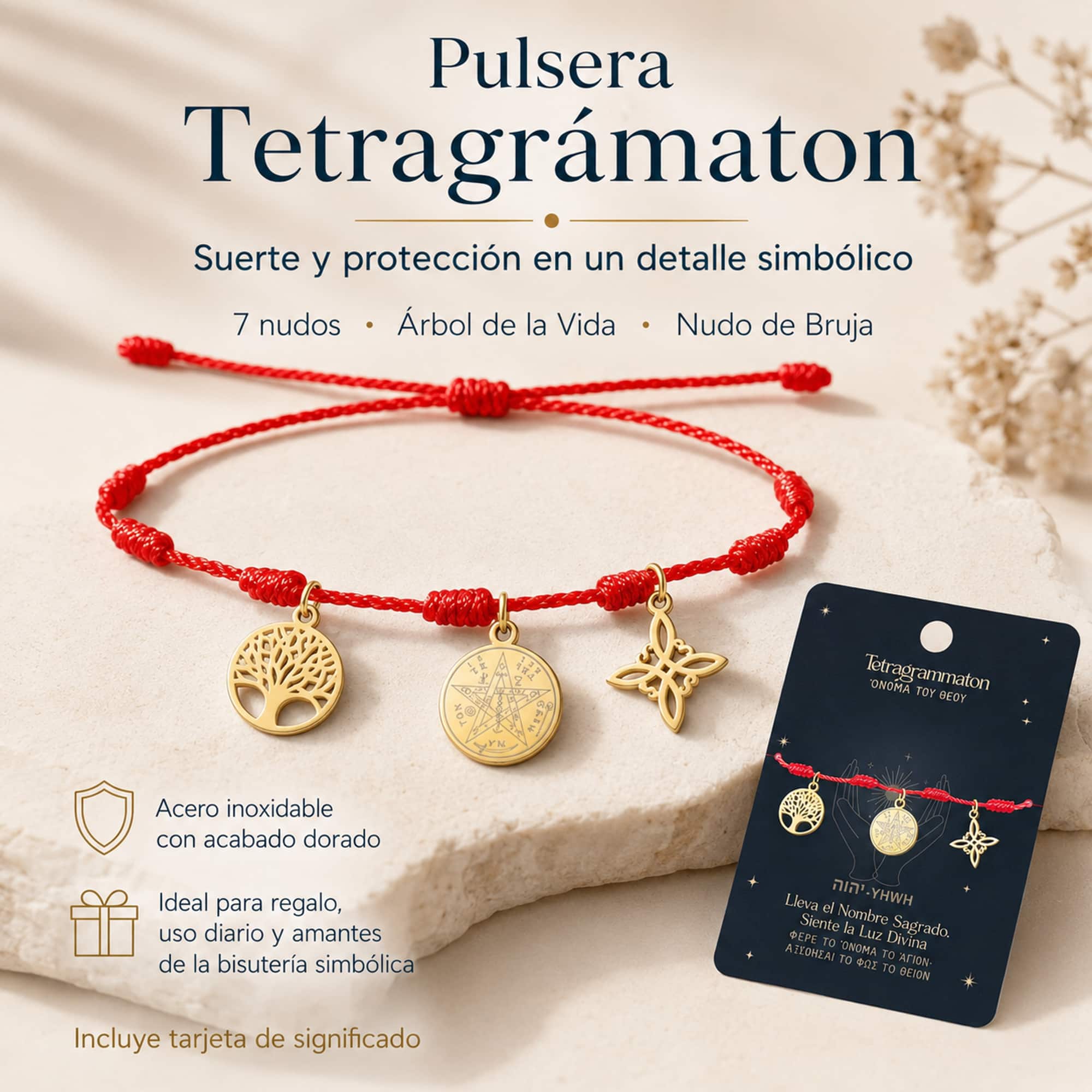 PULSERA 7 NUDOS CON TETRAGRAMMATON  NUDO DE BRUJA Y ARBOL DE LA VIDA ACERO DORADO