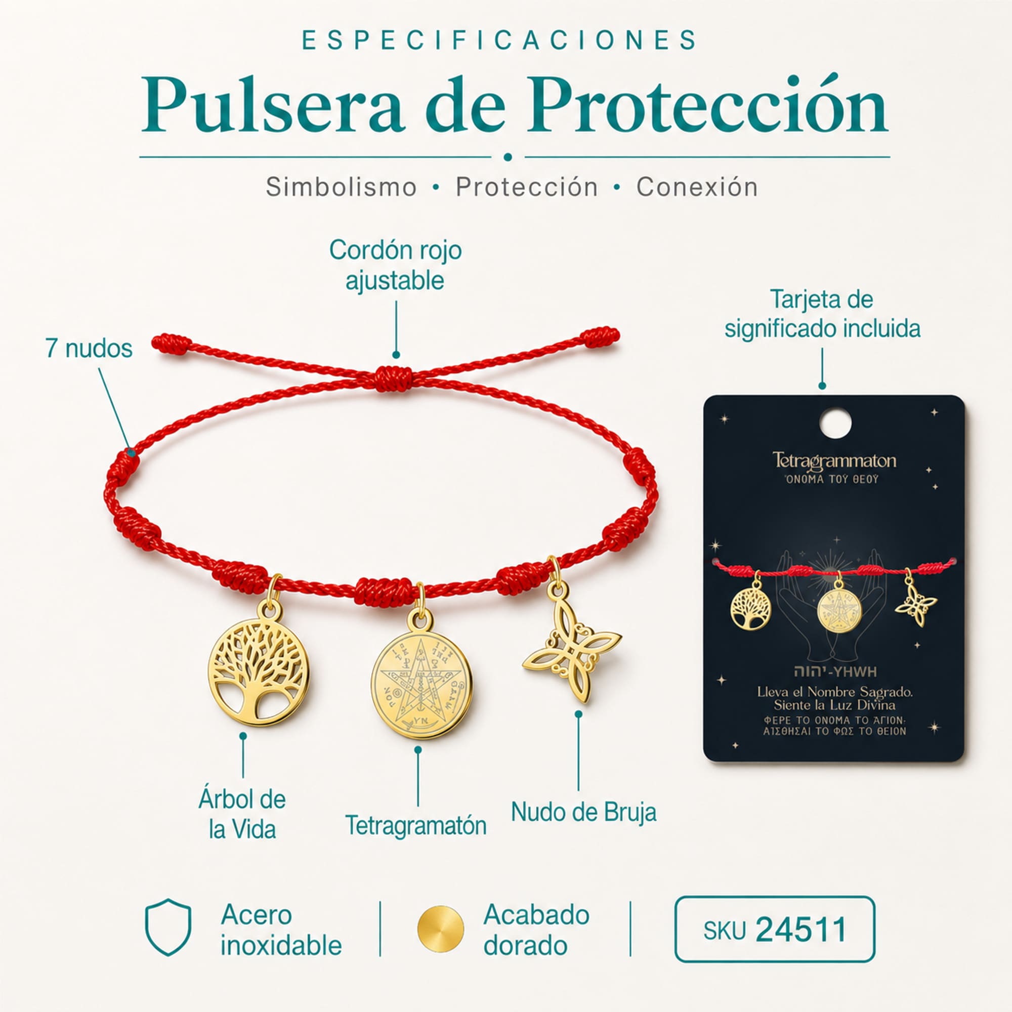 PULSERA 7 NUDOS CON TETRAGRAMMATON  NUDO DE BRUJA Y ARBOL DE LA VIDA ACERO DORADO