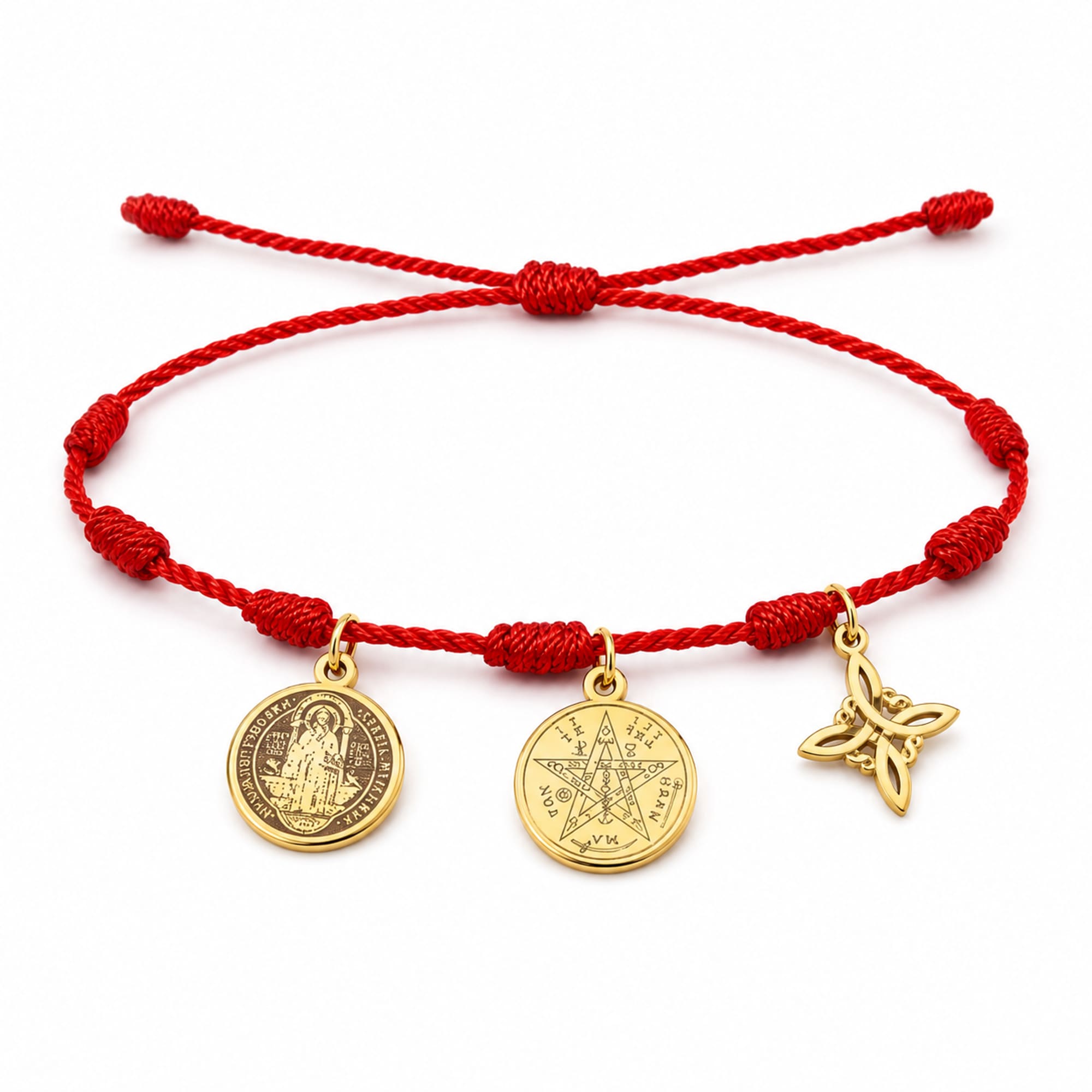 PULSERA 7 NUDOS CON TETRAGRAMMATON  NUDO DE BRUJA Y SAN BENITO ACERO DORADO