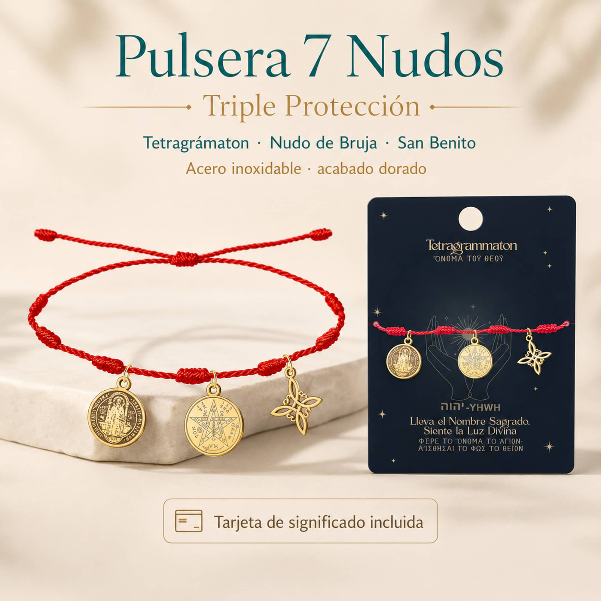 PULSERA 7 NUDOS CON TETRAGRAMMATON  NUDO DE BRUJA Y SAN BENITO ACERO DORADO