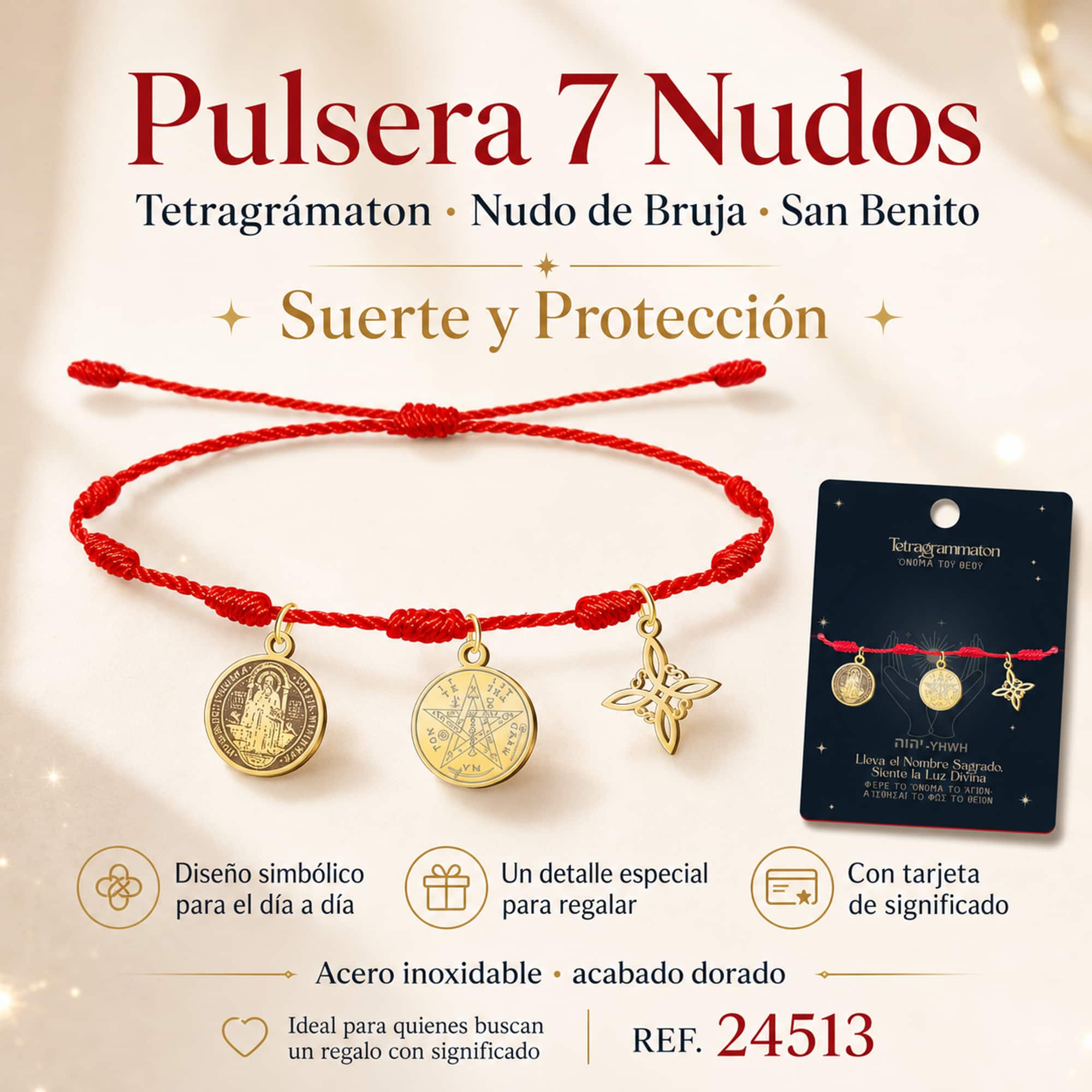PULSERA 7 NUDOS CON TETRAGRAMMATON  NUDO DE BRUJA Y SAN BENITO ACERO DORADO