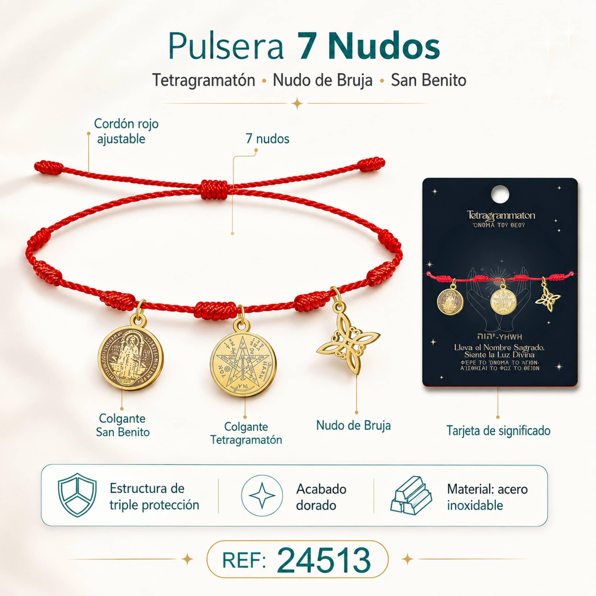 PULSERA 7 NUDOS CON TETRAGRAMMATON  NUDO DE BRUJA Y SAN BENITO ACERO DORADO