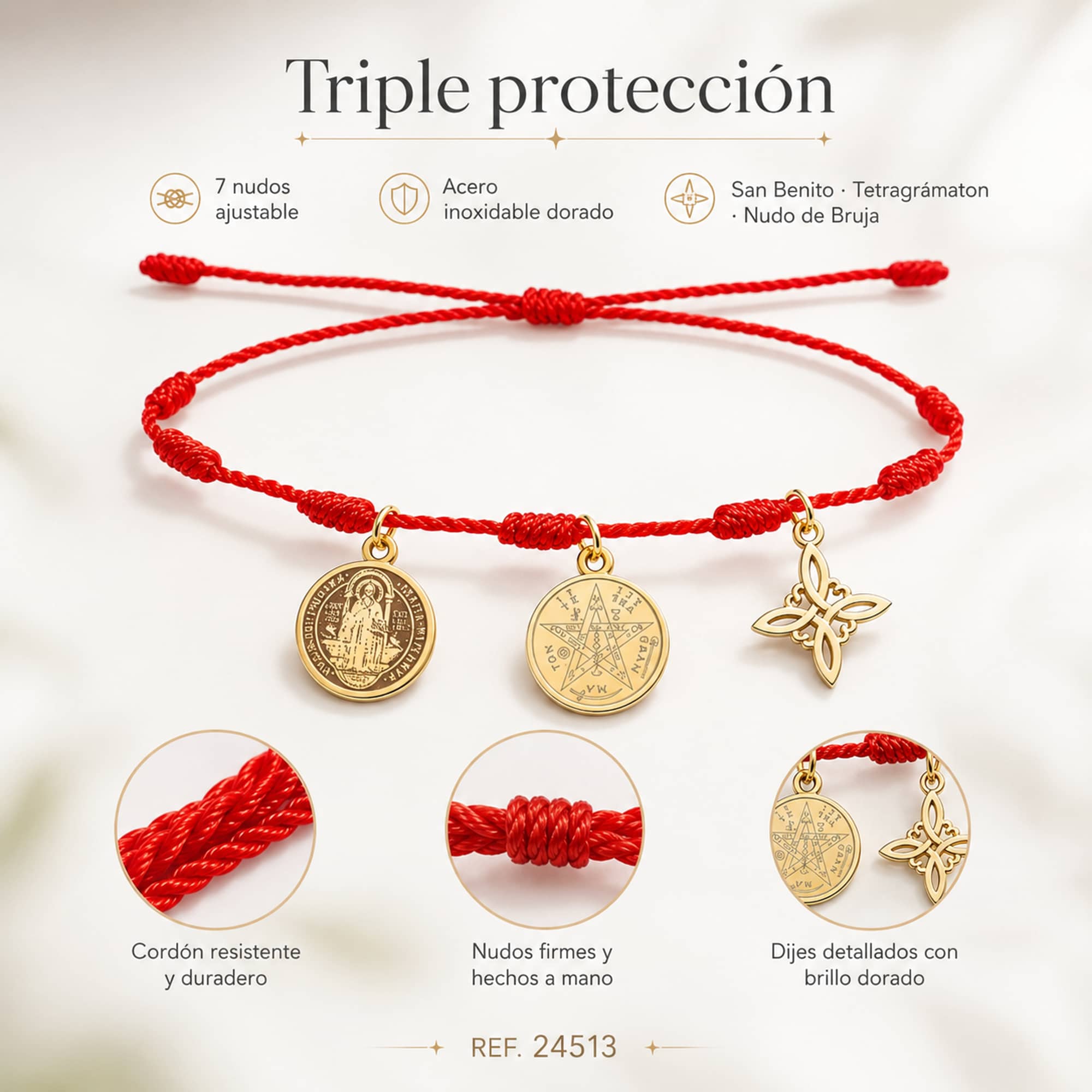 PULSERA 7 NUDOS CON TETRAGRAMMATON  NUDO DE BRUJA Y SAN BENITO ACERO DORADO