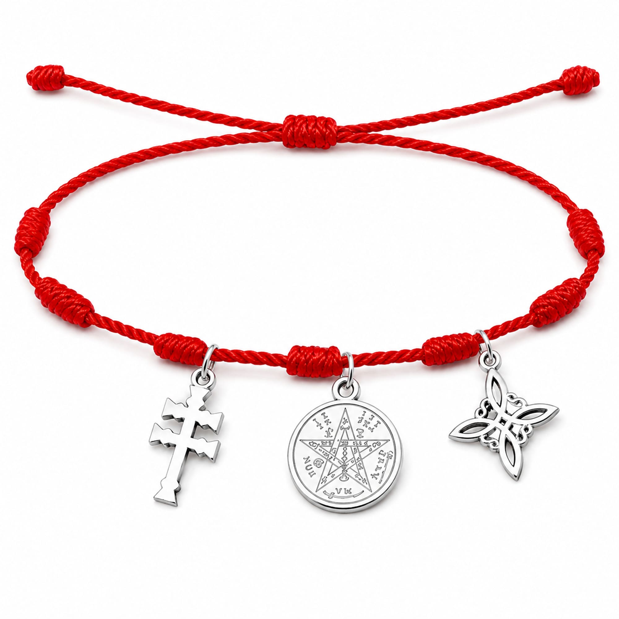 PULSERA 7 NUDOS CON TETRAGRAMMATON  NUDO DE BRUJA Y CRUZ CARAVACA ACERO PLATEADO