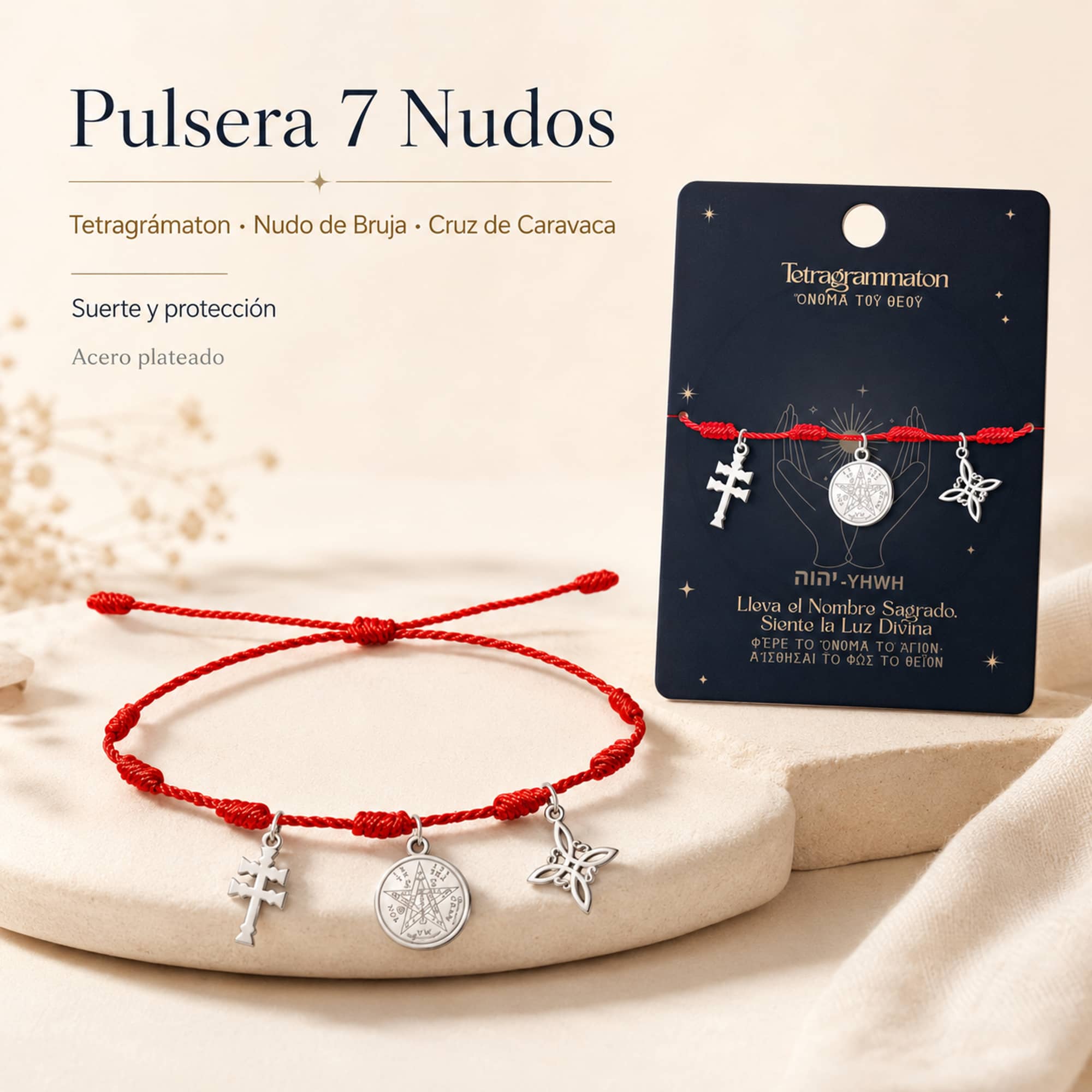 PULSERA 7 NUDOS CON TETRAGRAMMATON  NUDO DE BRUJA Y CRUZ CARAVACA ACERO PLATEADO