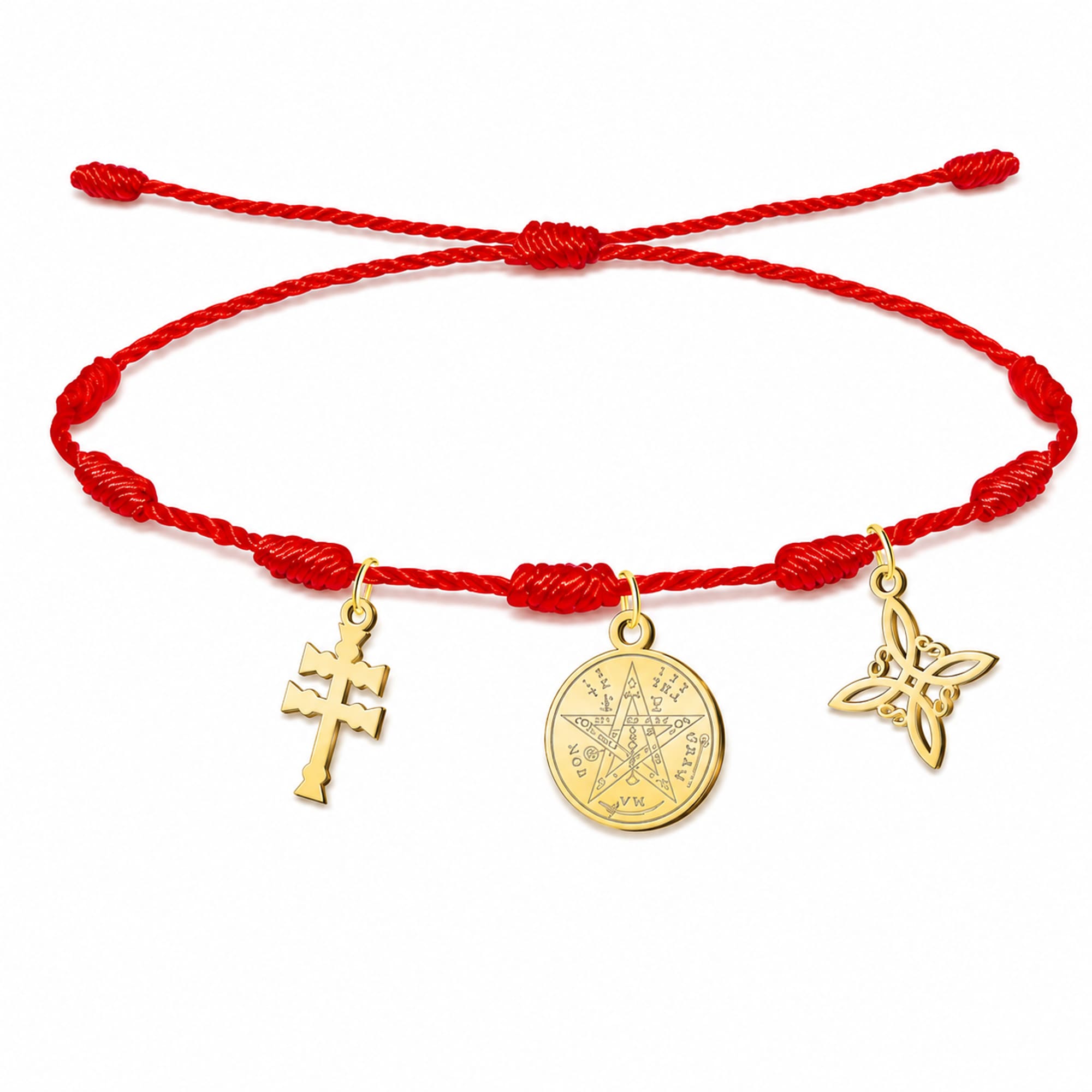 PULSERA 7 NUDOS CON TETRAGRÁMATON  NUDO DE BRUJA Y CRUZ CARAVACA ACERO DORADO