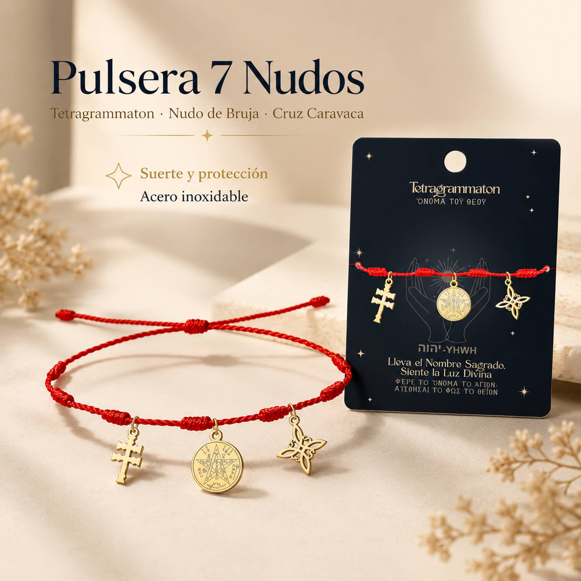 PULSERA 7 NUDOS CON TETRAGRÁMATON  NUDO DE BRUJA Y CRUZ CARAVACA ACERO DORADO