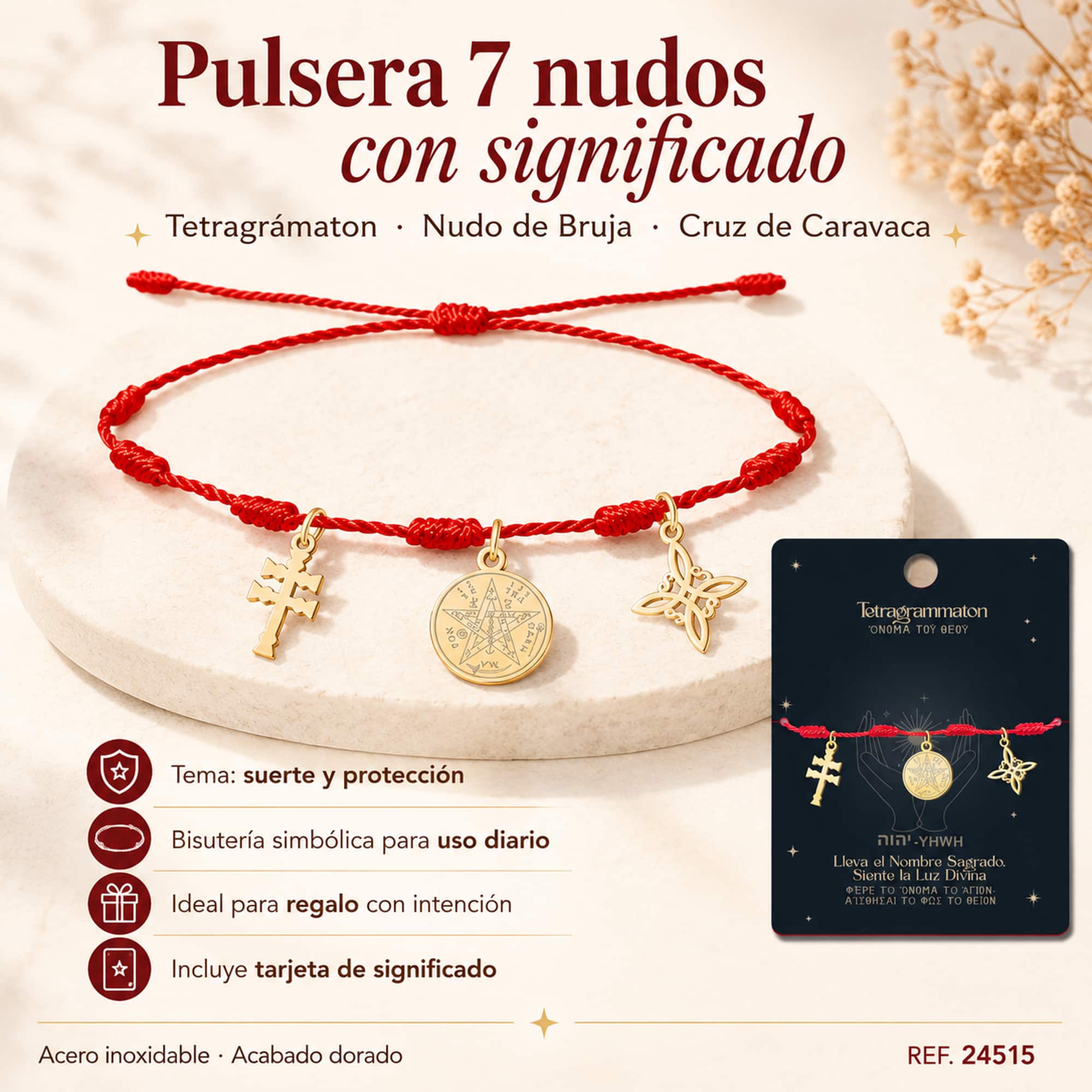 PULSERA 7 NUDOS CON TETRAGRÁMATON  NUDO DE BRUJA Y CRUZ CARAVACA ACERO DORADO