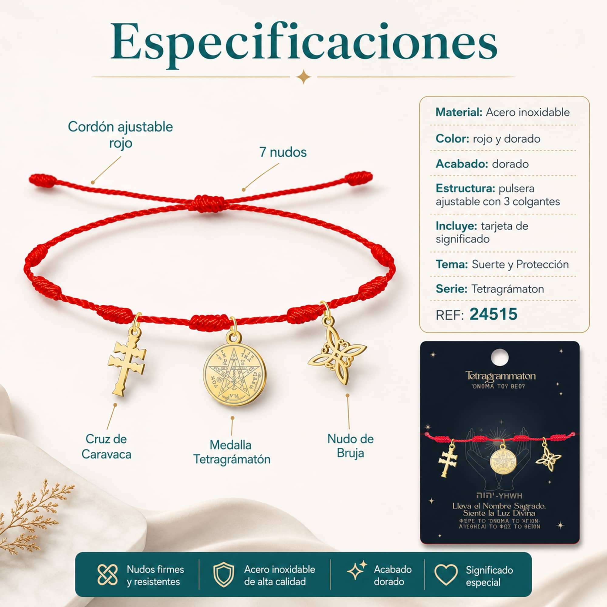 PULSERA 7 NUDOS CON TETRAGRÁMATON  NUDO DE BRUJA Y CRUZ CARAVACA ACERO DORADO