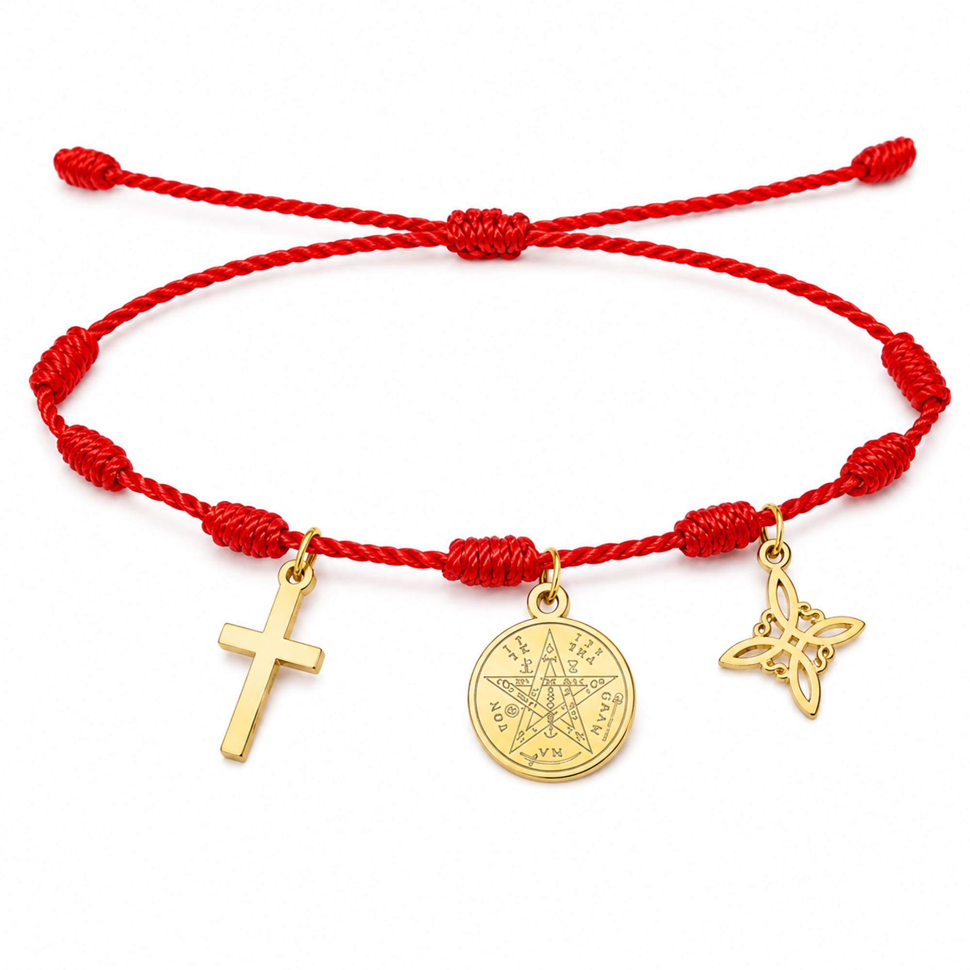 PULSERA 7 NUDOS CON TETRAGRÁMATON  NUDO DE BRUJA Y CRUZ LATINA ACERO DORADO