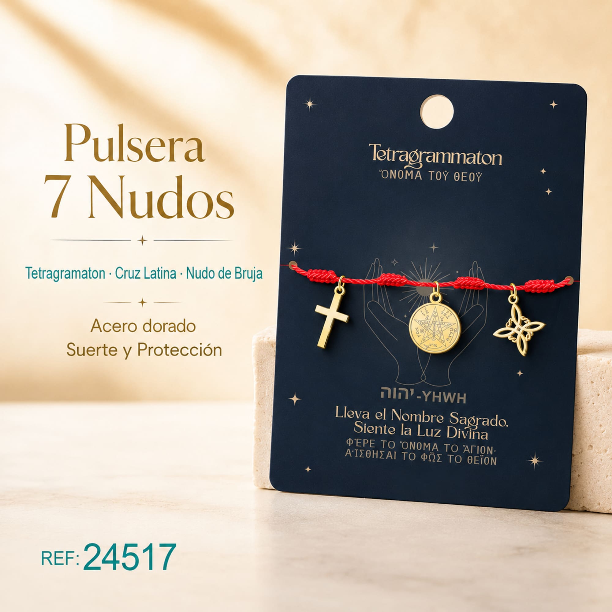 PULSERA 7 NUDOS CON TETRAGRÁMATON  NUDO DE BRUJA Y CRUZ LATINA ACERO DORADO