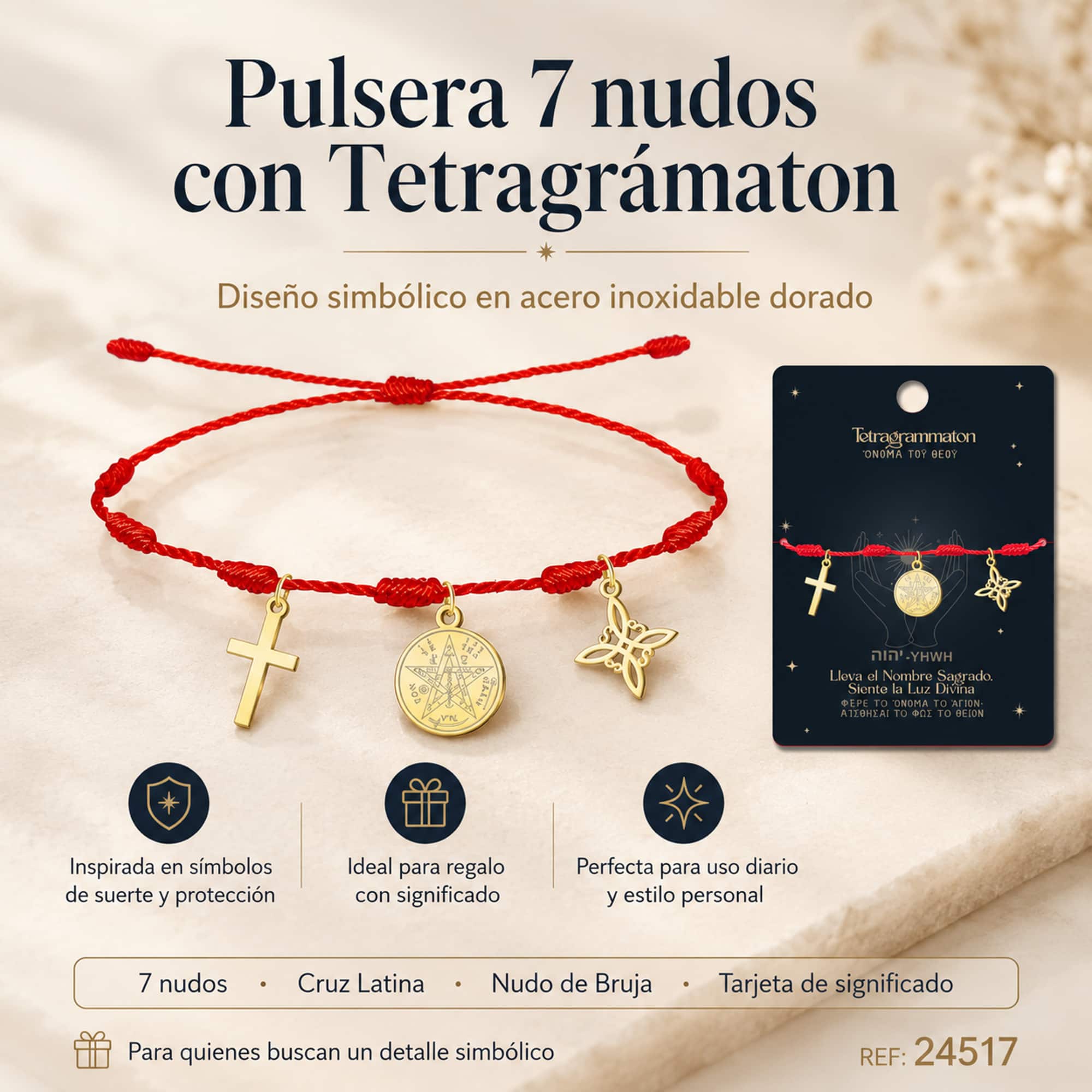 PULSERA 7 NUDOS CON TETRAGRÁMATON  NUDO DE BRUJA Y CRUZ LATINA ACERO DORADO