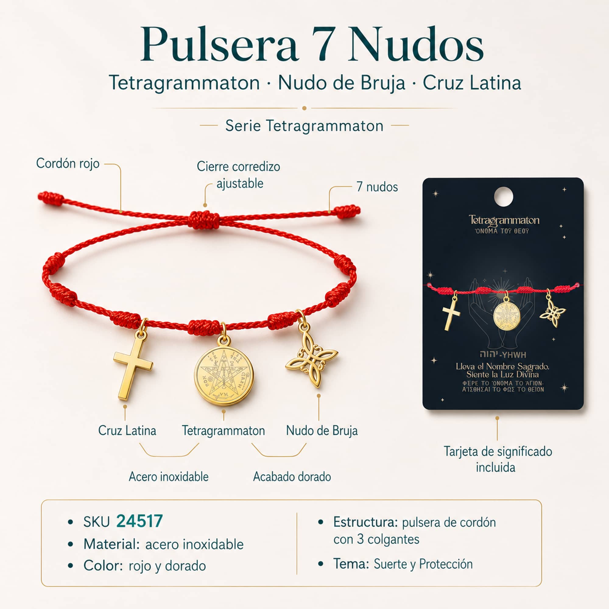 PULSERA 7 NUDOS CON TETRAGRÁMATON  NUDO DE BRUJA Y CRUZ LATINA ACERO DORADO