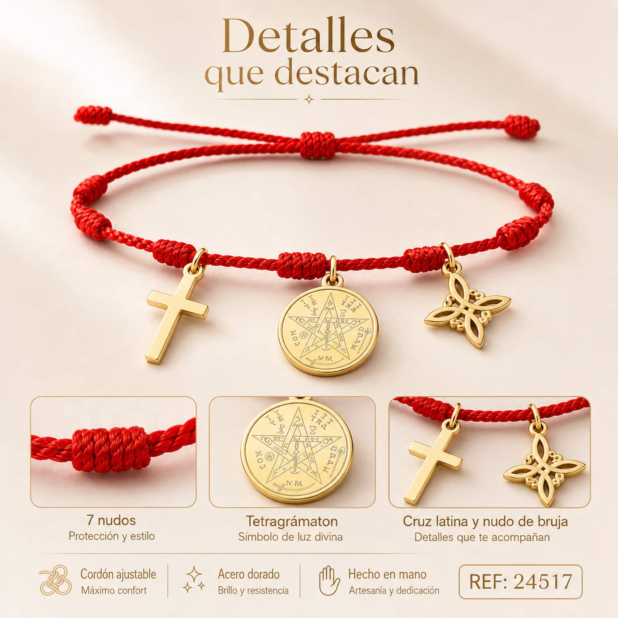 PULSERA 7 NUDOS CON TETRAGRÁMATON  NUDO DE BRUJA Y CRUZ LATINA ACERO DORADO