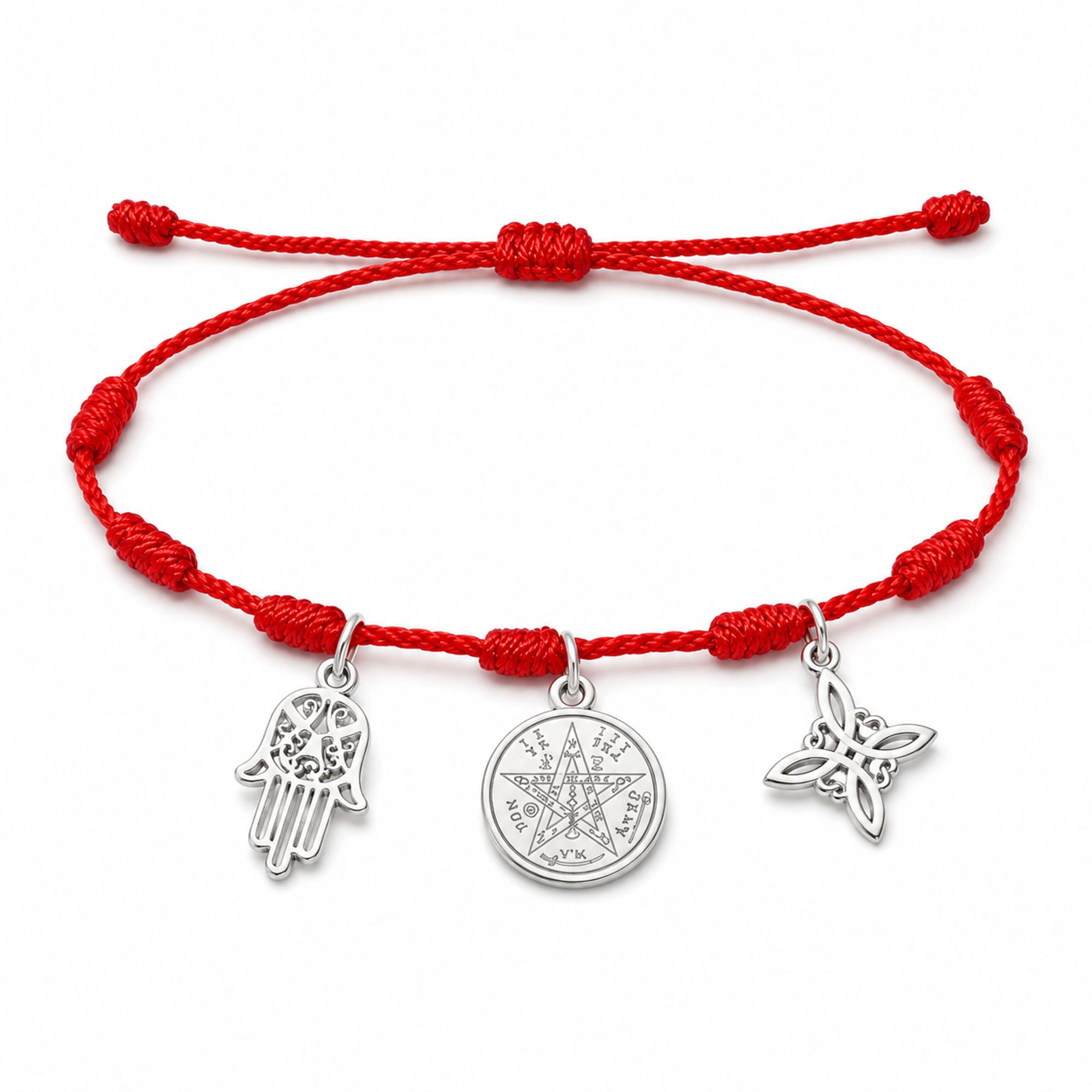 PULSERA 7 NUDOS CON TETRAGRÁMATON  NUDO DE BRUJA Y MANO FÁTIMA ACERO PLATEADO
