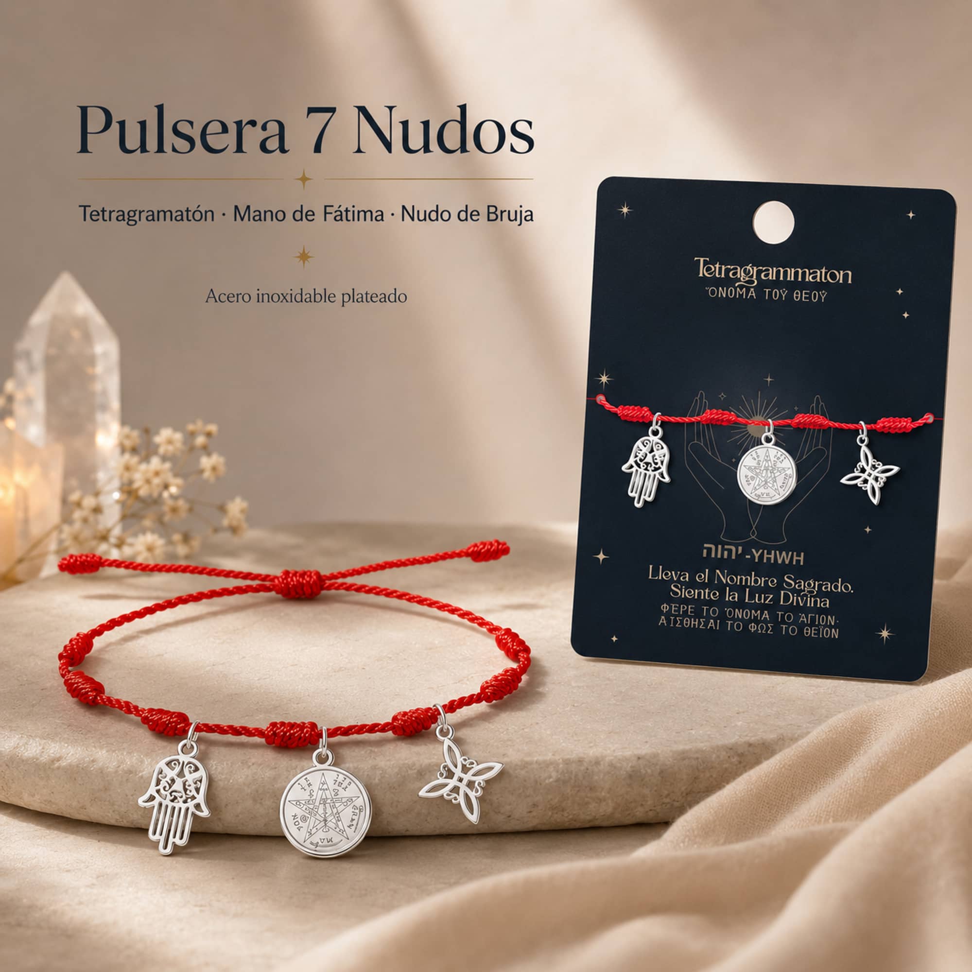 PULSERA 7 NUDOS CON TETRAGRÁMATON  NUDO DE BRUJA Y MANO FÁTIMA ACERO PLATEADO