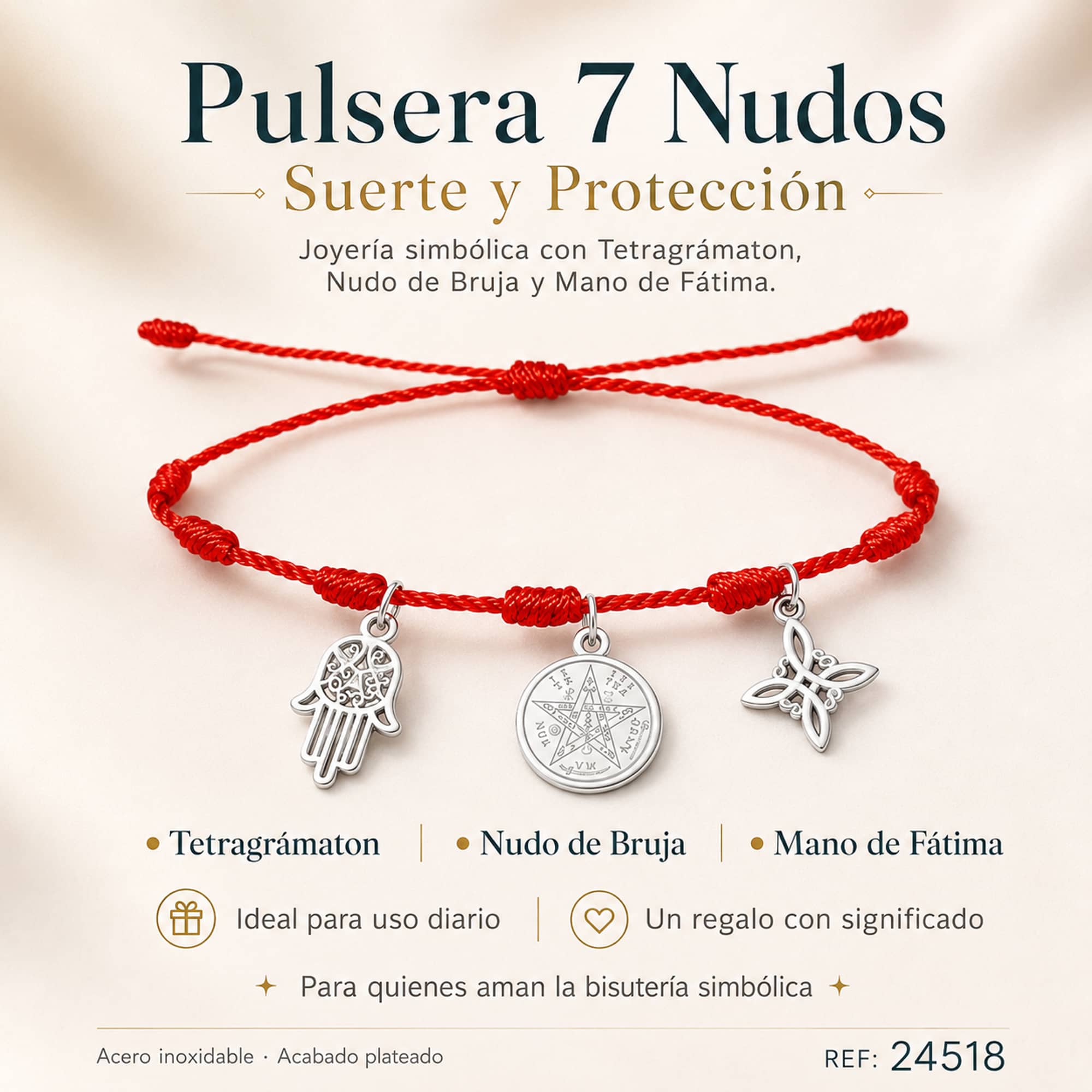 PULSERA 7 NUDOS CON TETRAGRÁMATON  NUDO DE BRUJA Y MANO FÁTIMA ACERO PLATEADO