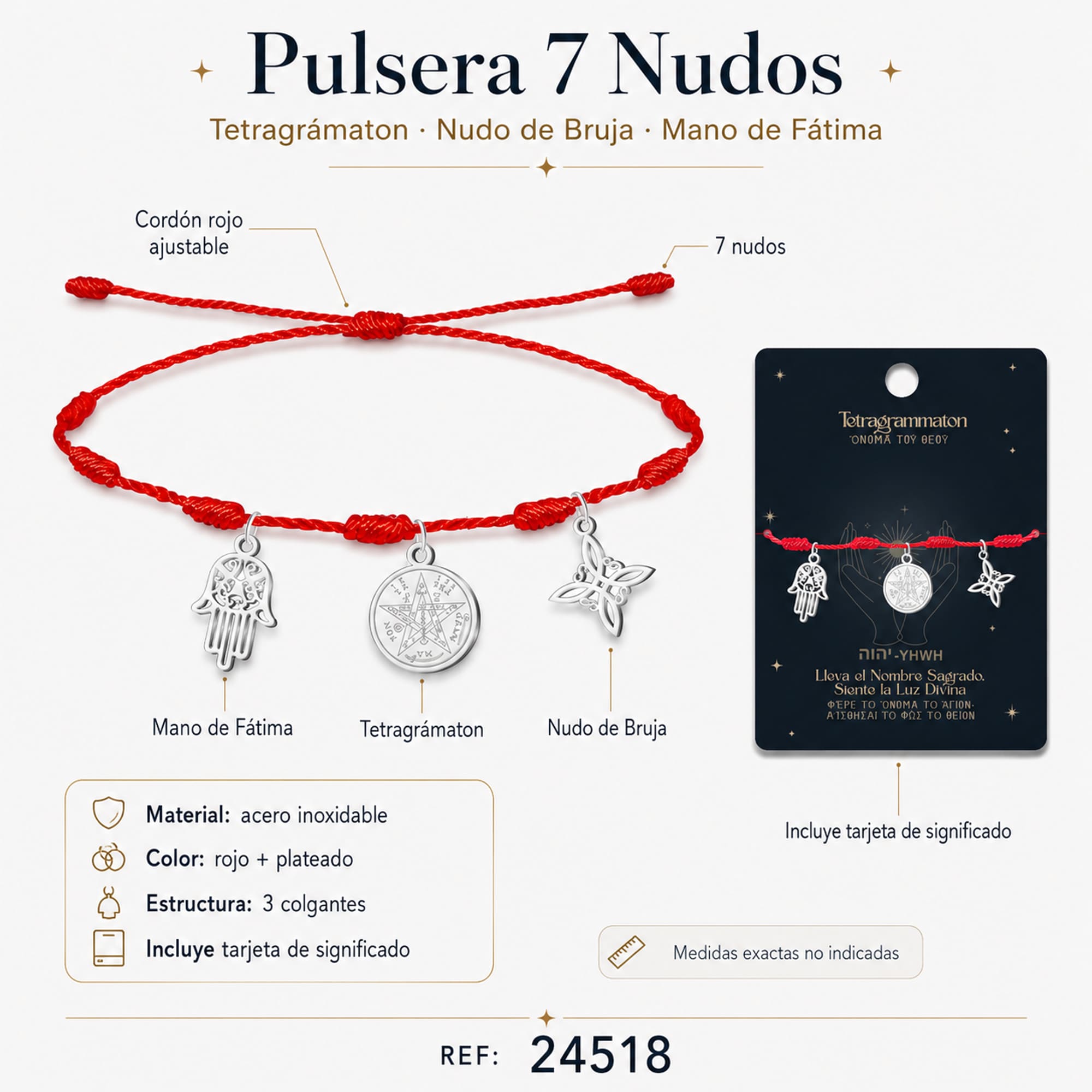 PULSERA 7 NUDOS CON TETRAGRÁMATON  NUDO DE BRUJA Y MANO FÁTIMA ACERO PLATEADO