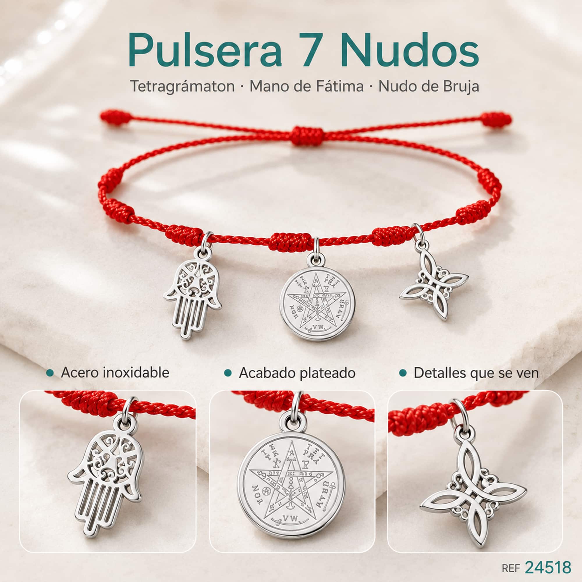 PULSERA 7 NUDOS CON TETRAGRÁMATON  NUDO DE BRUJA Y MANO FÁTIMA ACERO PLATEADO