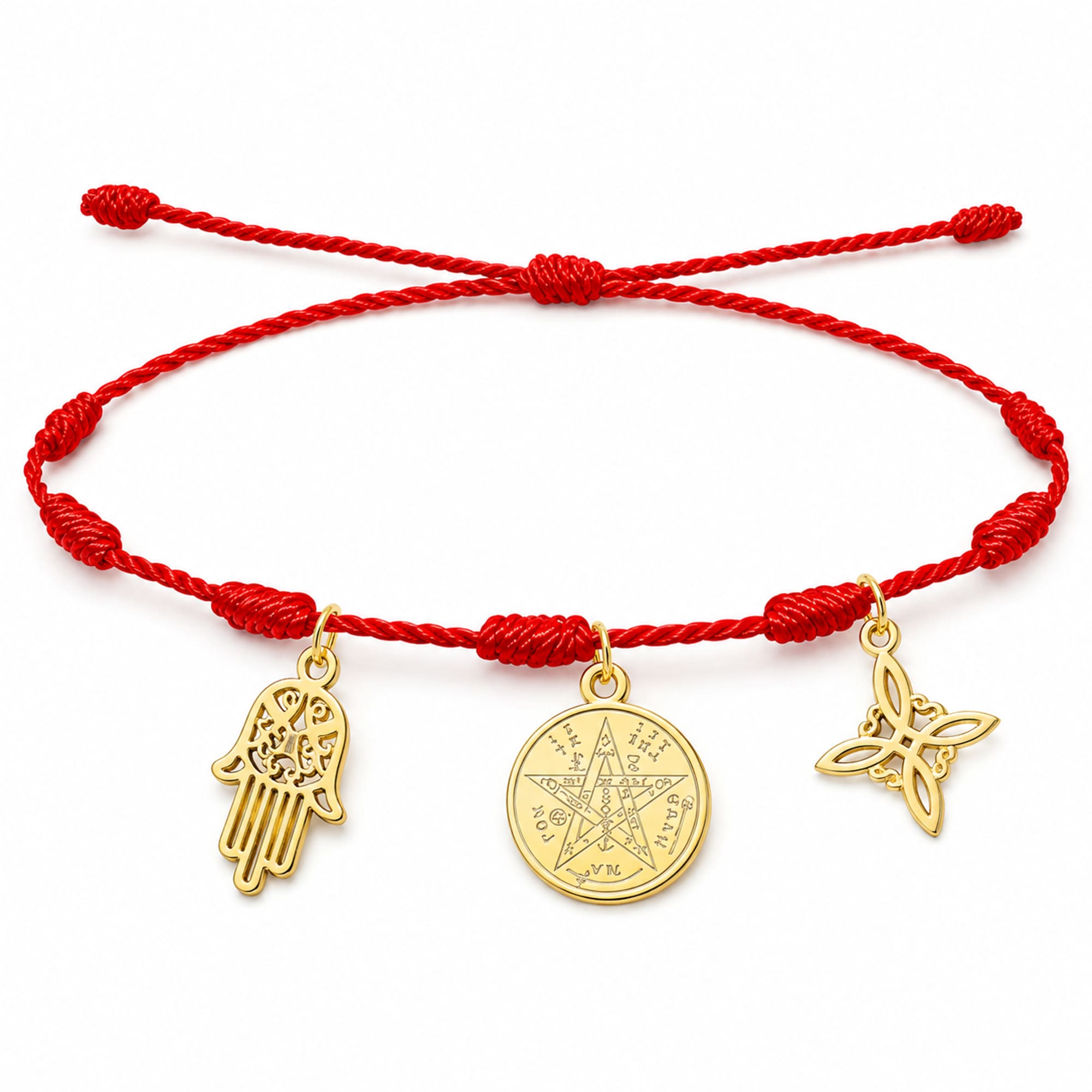 PULSERA 7 NUDOS CON TETRAGRÁMATON  NUDO DE BRUJA Y MANO FÁTIMA ACERO DORADO