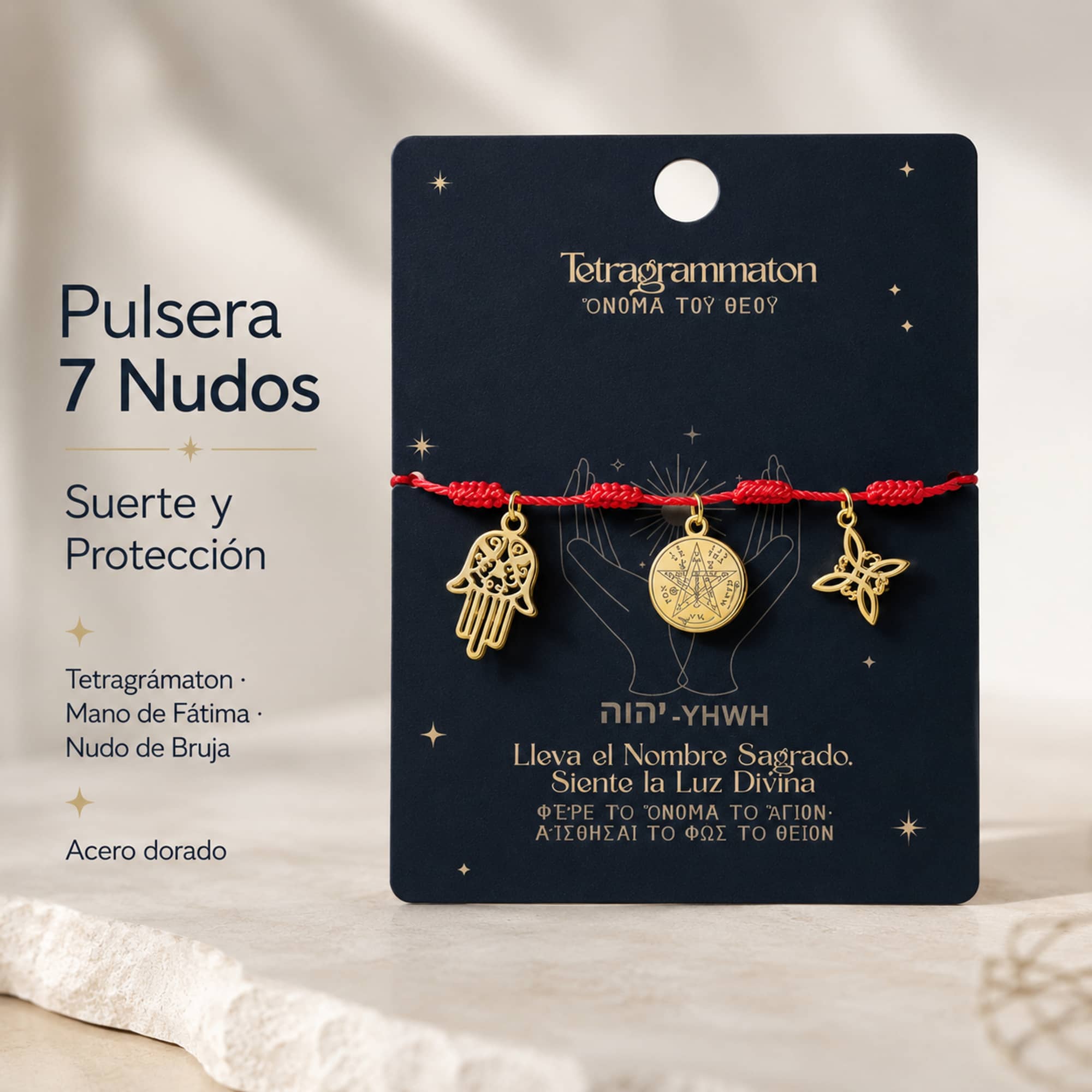 PULSERA 7 NUDOS CON TETRAGRÁMATON  NUDO DE BRUJA Y MANO FÁTIMA ACERO DORADO