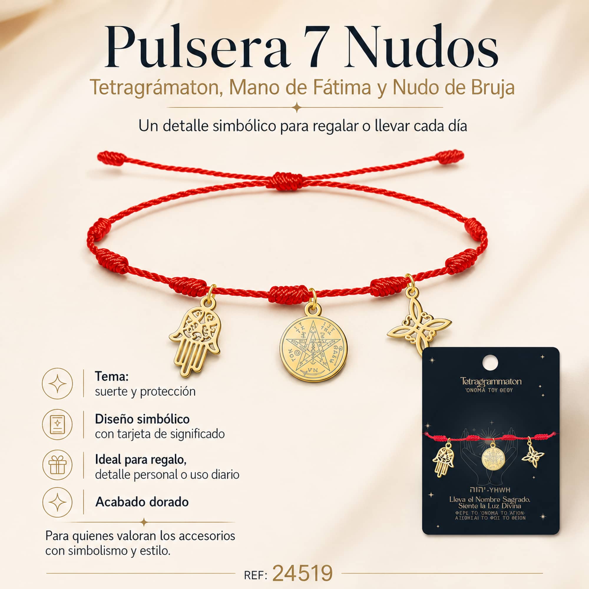 PULSERA 7 NUDOS CON TETRAGRÁMATON  NUDO DE BRUJA Y MANO FÁTIMA ACERO DORADO