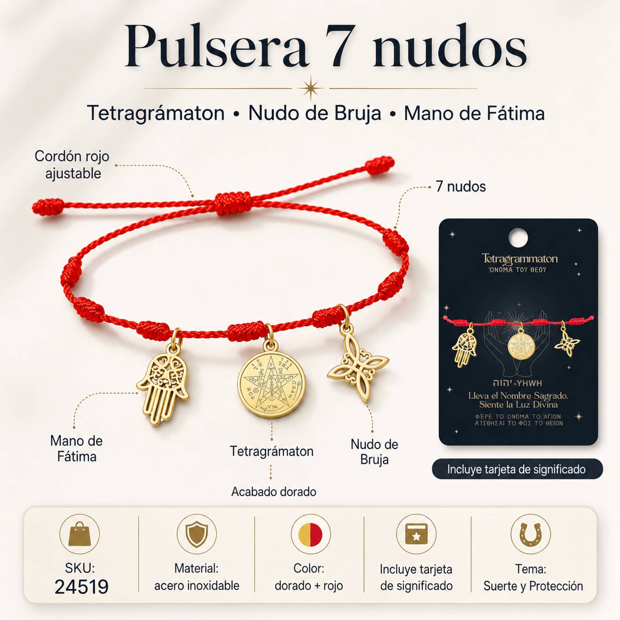 PULSERA 7 NUDOS CON TETRAGRÁMATON  NUDO DE BRUJA Y MANO FÁTIMA ACERO DORADO