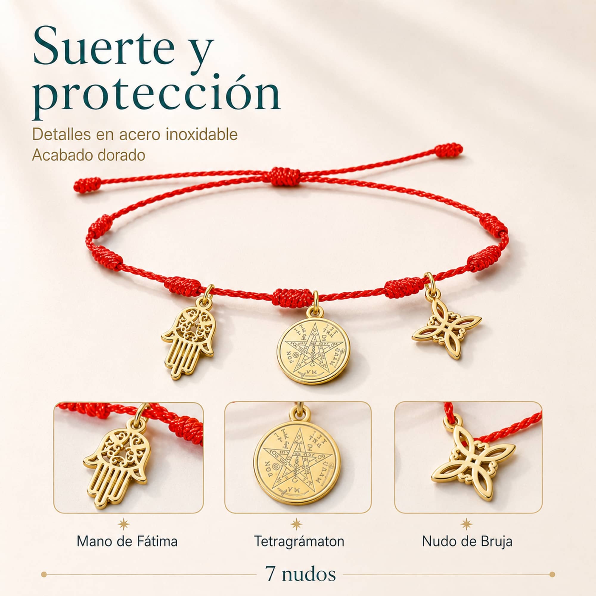 PULSERA 7 NUDOS CON TETRAGRÁMATON  NUDO DE BRUJA Y MANO FÁTIMA ACERO DORADO