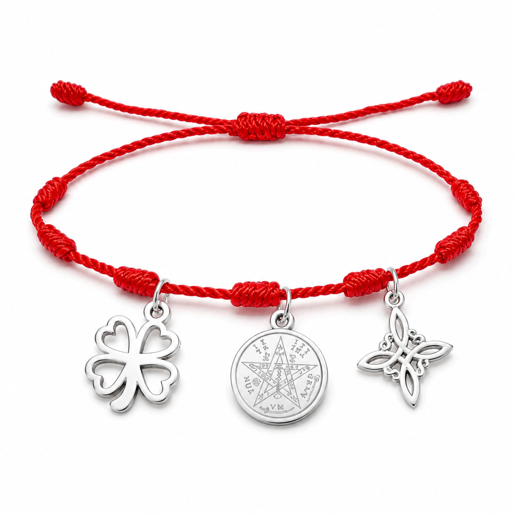 PULSERA 7 NUDOS CON TETRAGRÁMATON  NUDO DE BRUJA Y TRÉBOL DE LA SUERTE ACERO PLATEADO
